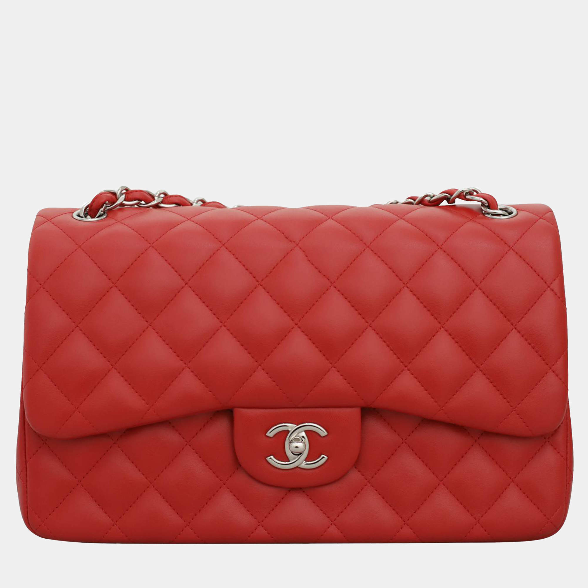 Pre Owned Chanel Red Quilted Lambskin Leather Jumbo Classic Double Flap Bag