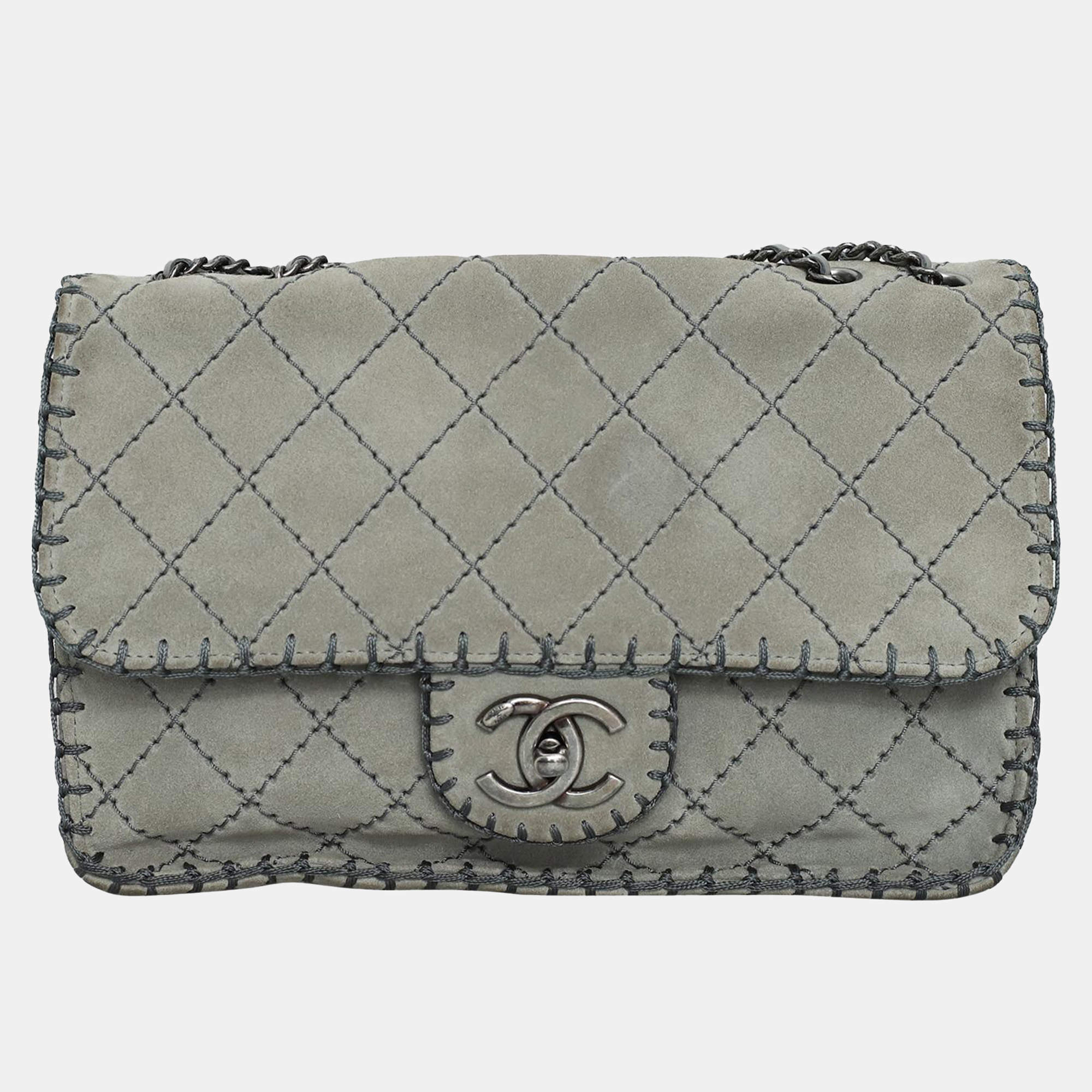Chanel Grey Suede Whipstitch Medium Flap Bag