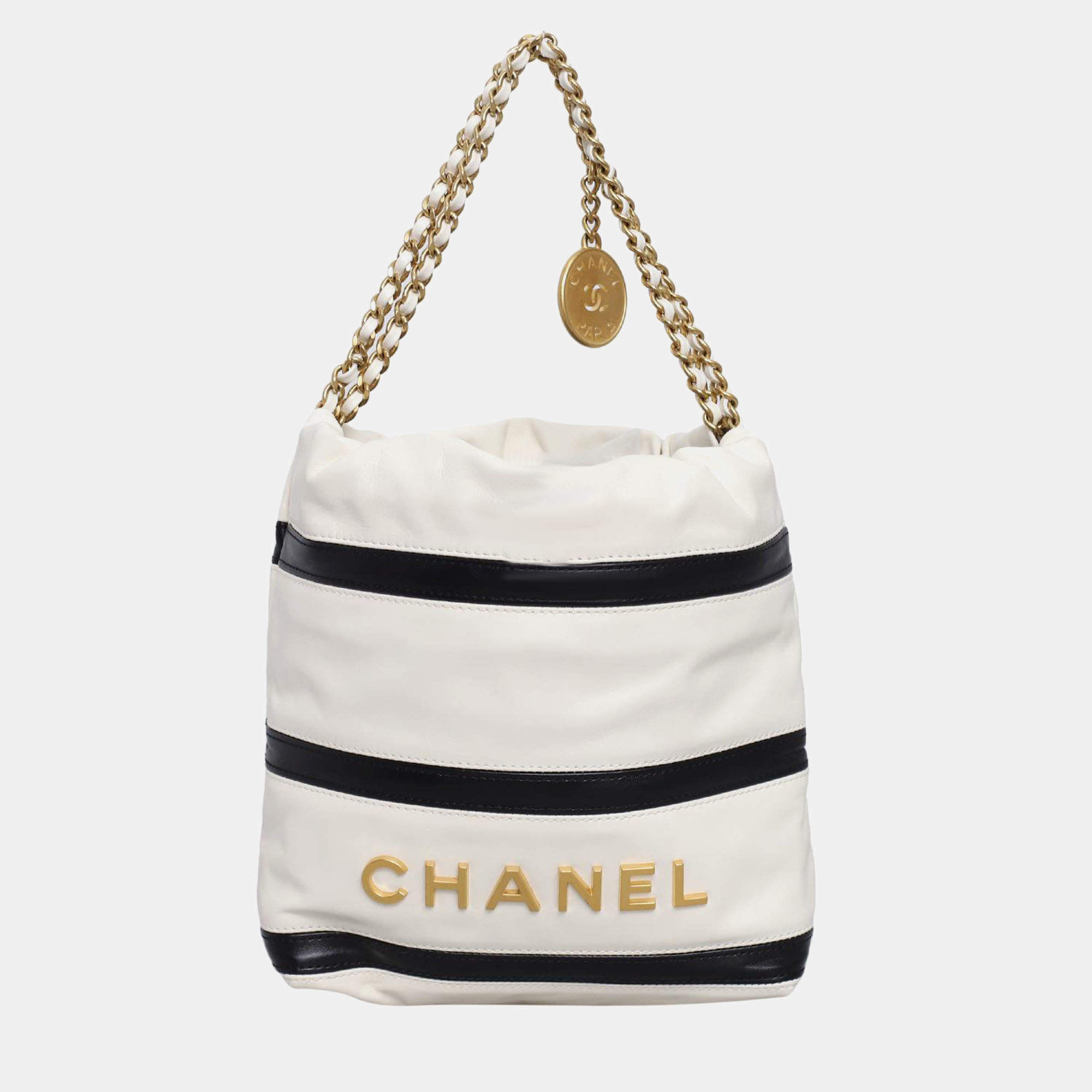 Pre Owned Chanel White Lambskin Leather Mini 22 Stripes Bag