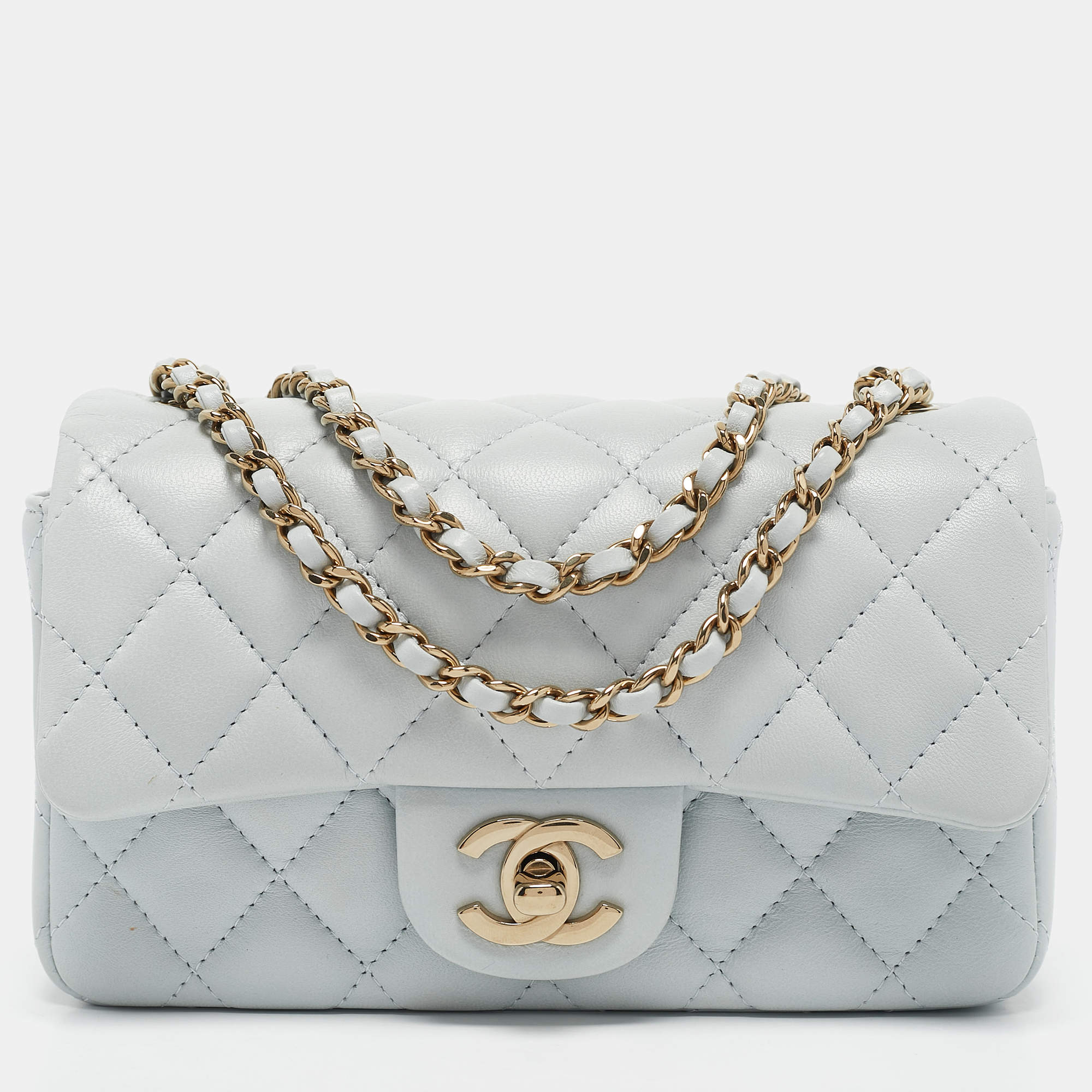Pre Owned Chanel Light Blue Quilted Leather Mini Classic Single Flap Shoulder Bag
