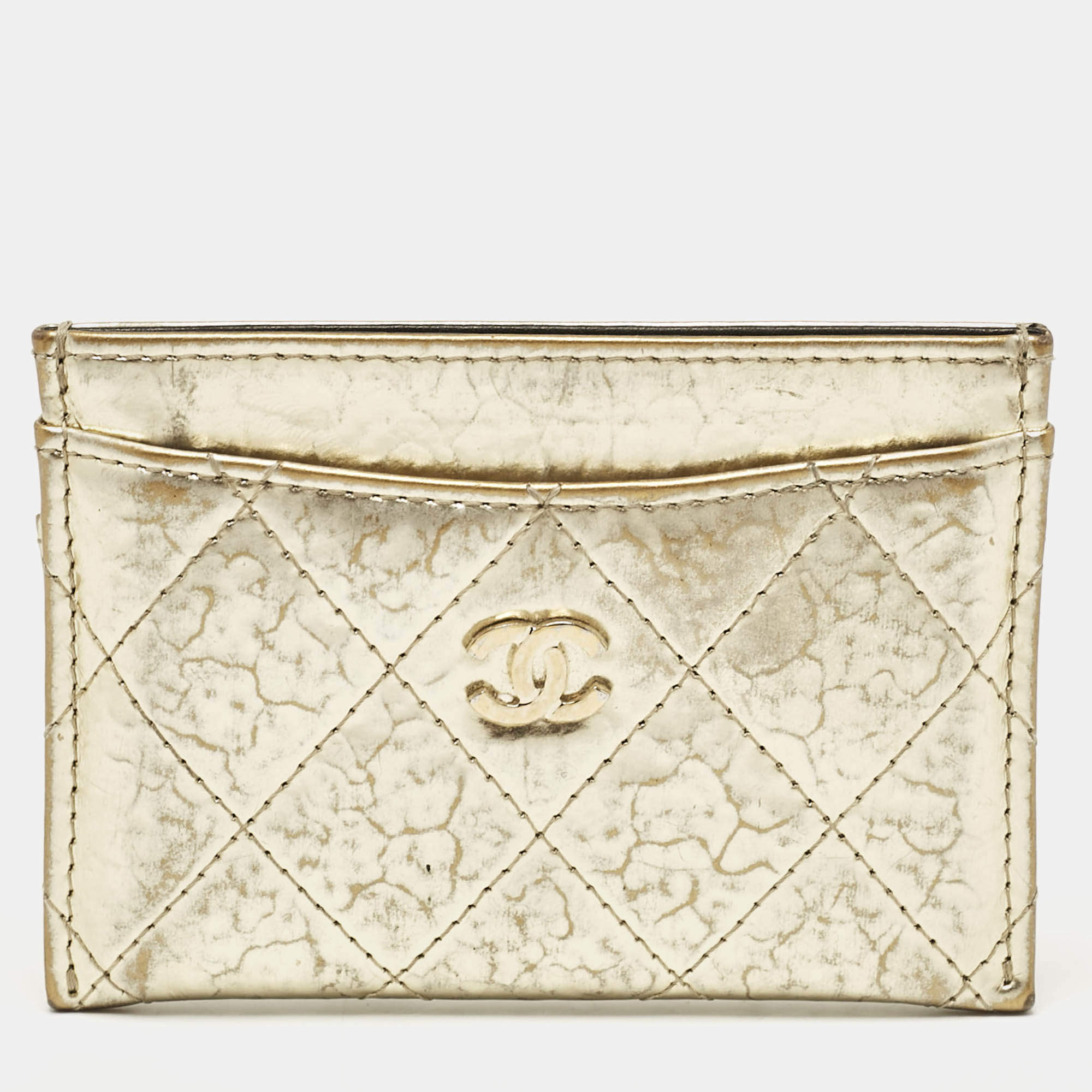 Pre Owned Chanel Gold Quilted Leather CC Card Holder