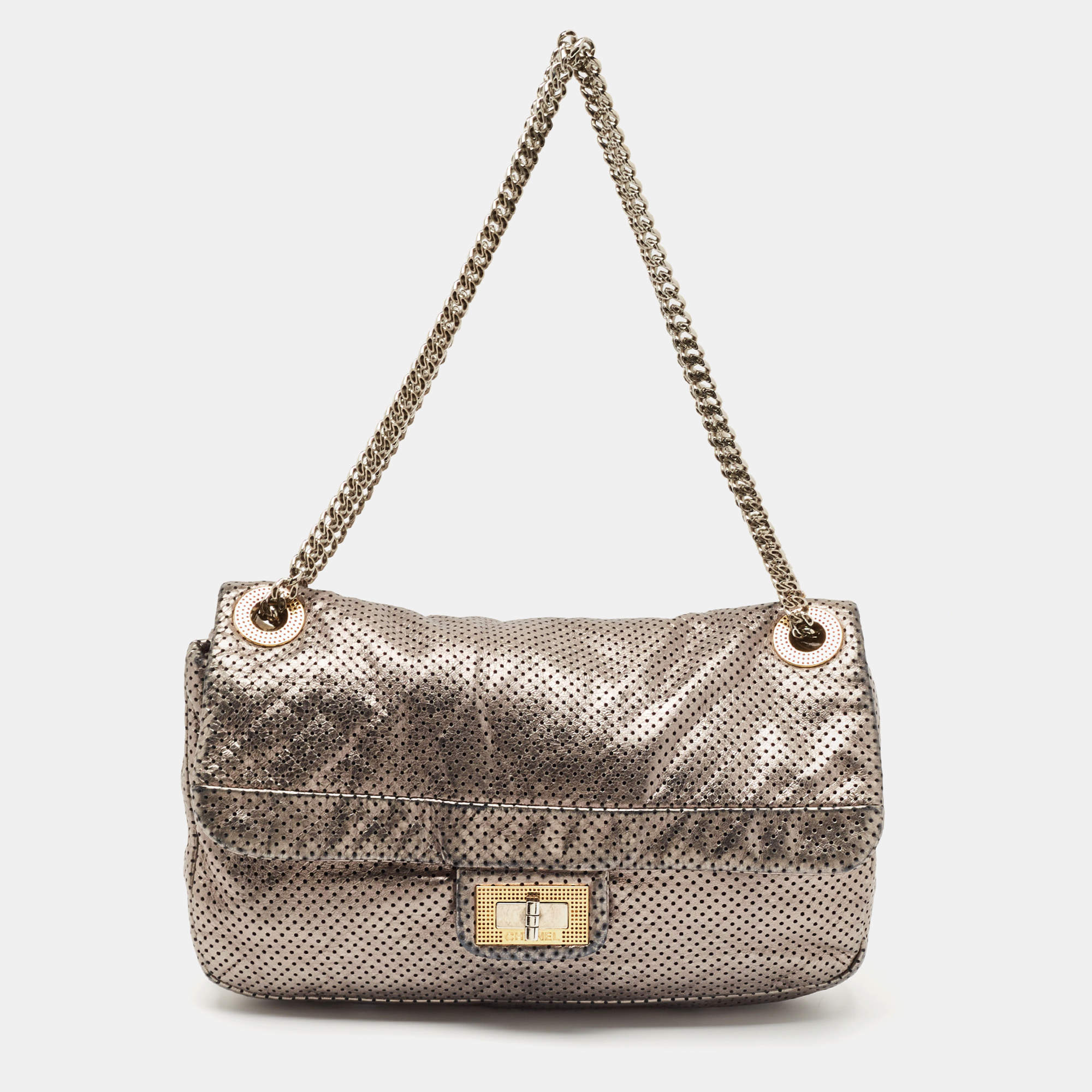 Pre Owned Chanel Metallic Grey Drill Perforated Leather Reissue 2.55 Classic Flap Bag