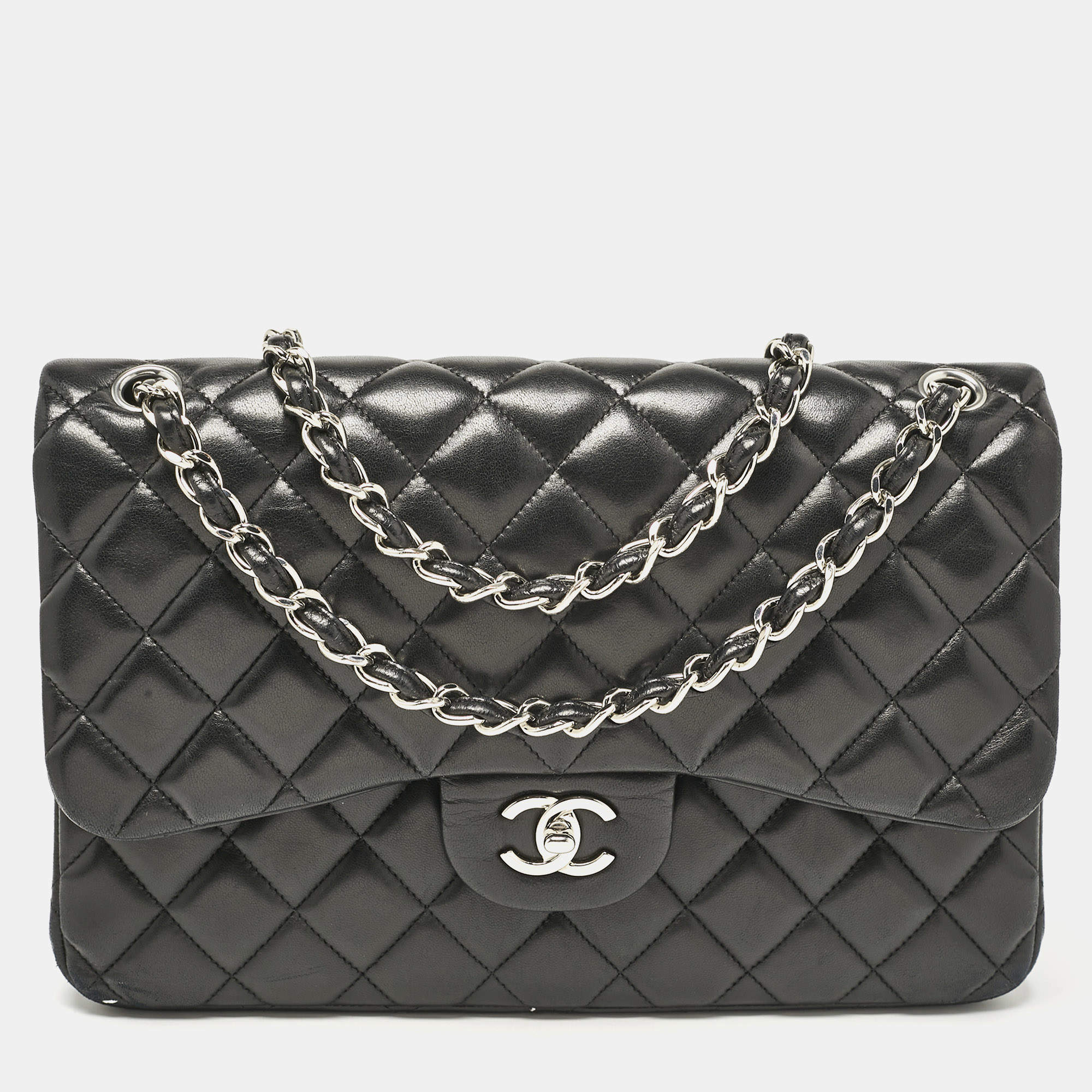 Pre Owned Chanel Black Quilted Leather Jumbo Classic Double Flap Bag