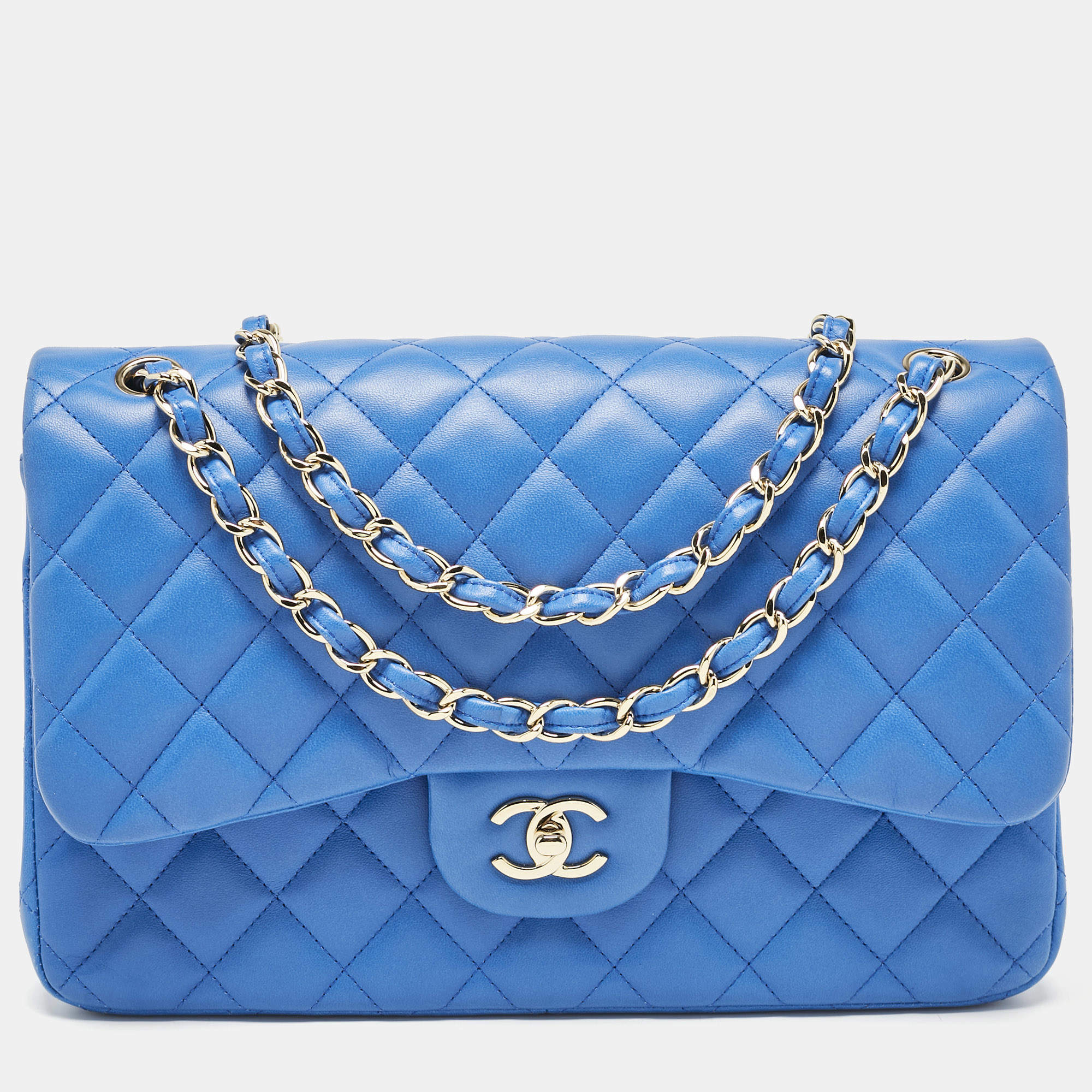 Pre Owned Chanel Blue Quilted Leather Jumbo Classic Double Flap Bag