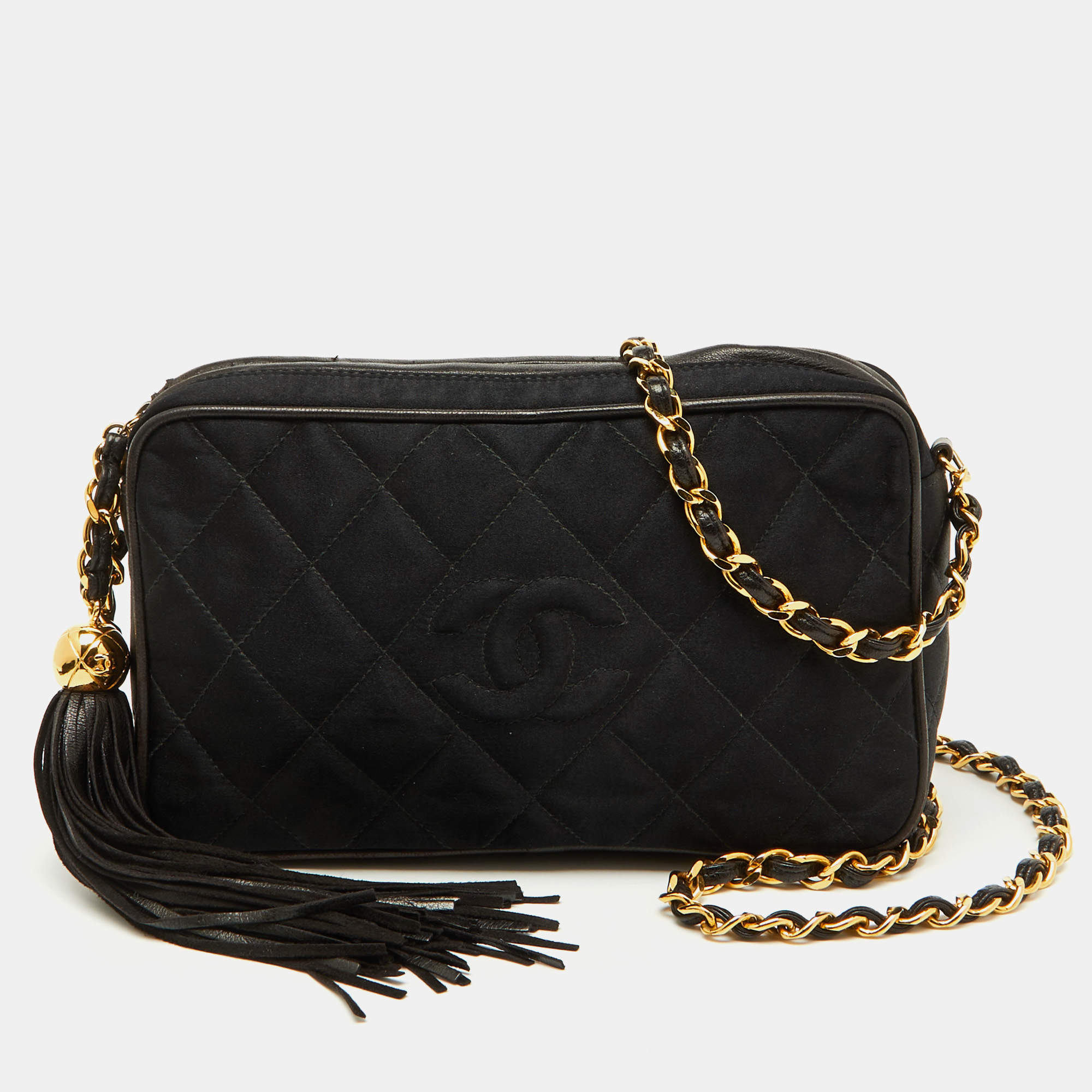 Pre Owned Chanel Black Quilted Satin CC Tassel Vintage Bag