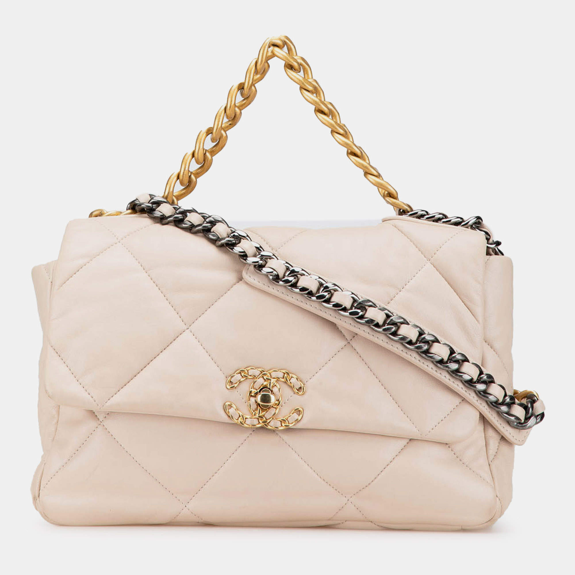 Pre Owned Chanel Beige Large Lambskin 19 Flap Shoulder Bag