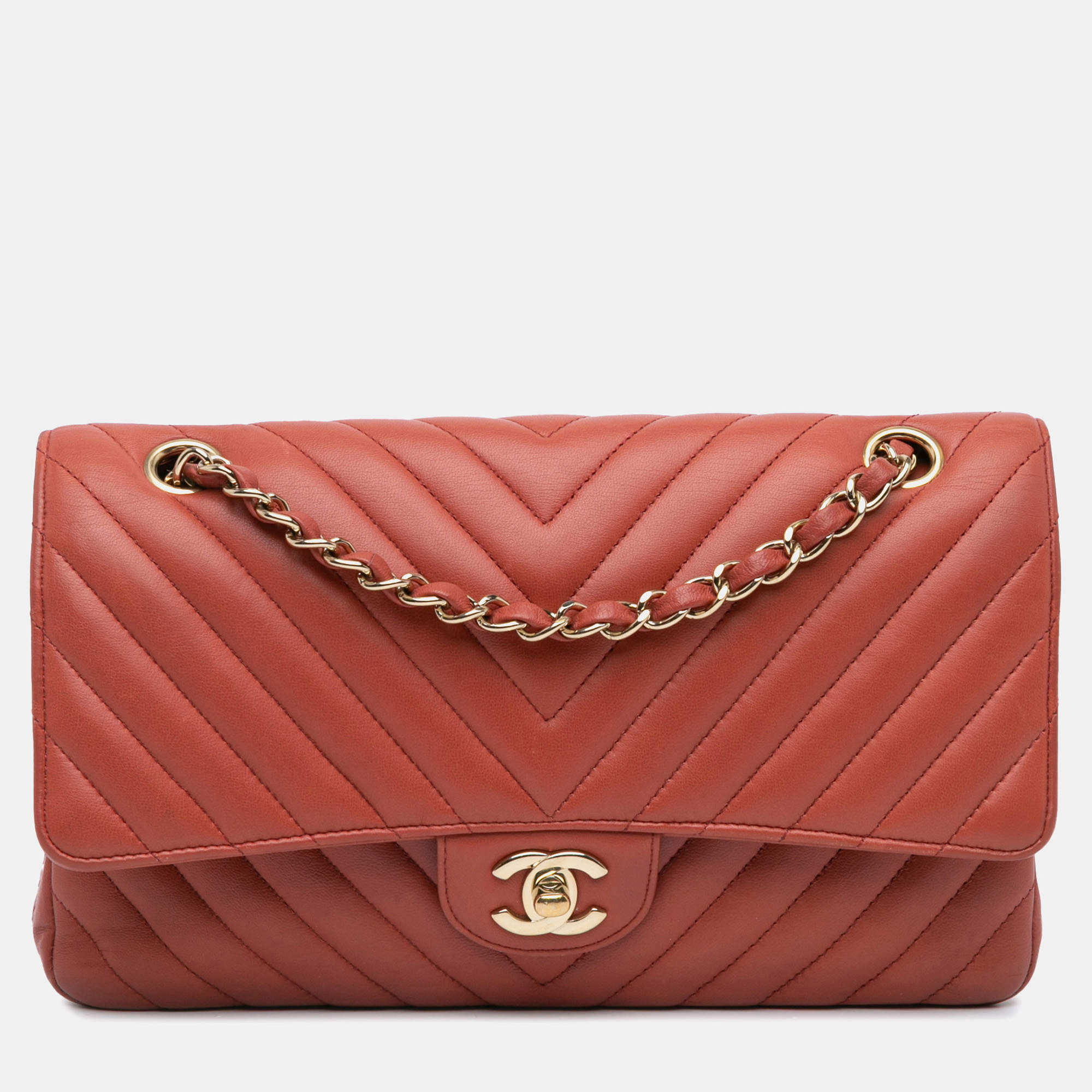 Pre Owned Chanel Orange Medium Classic Chevron Lambskin Double Flap Shoulder Bag