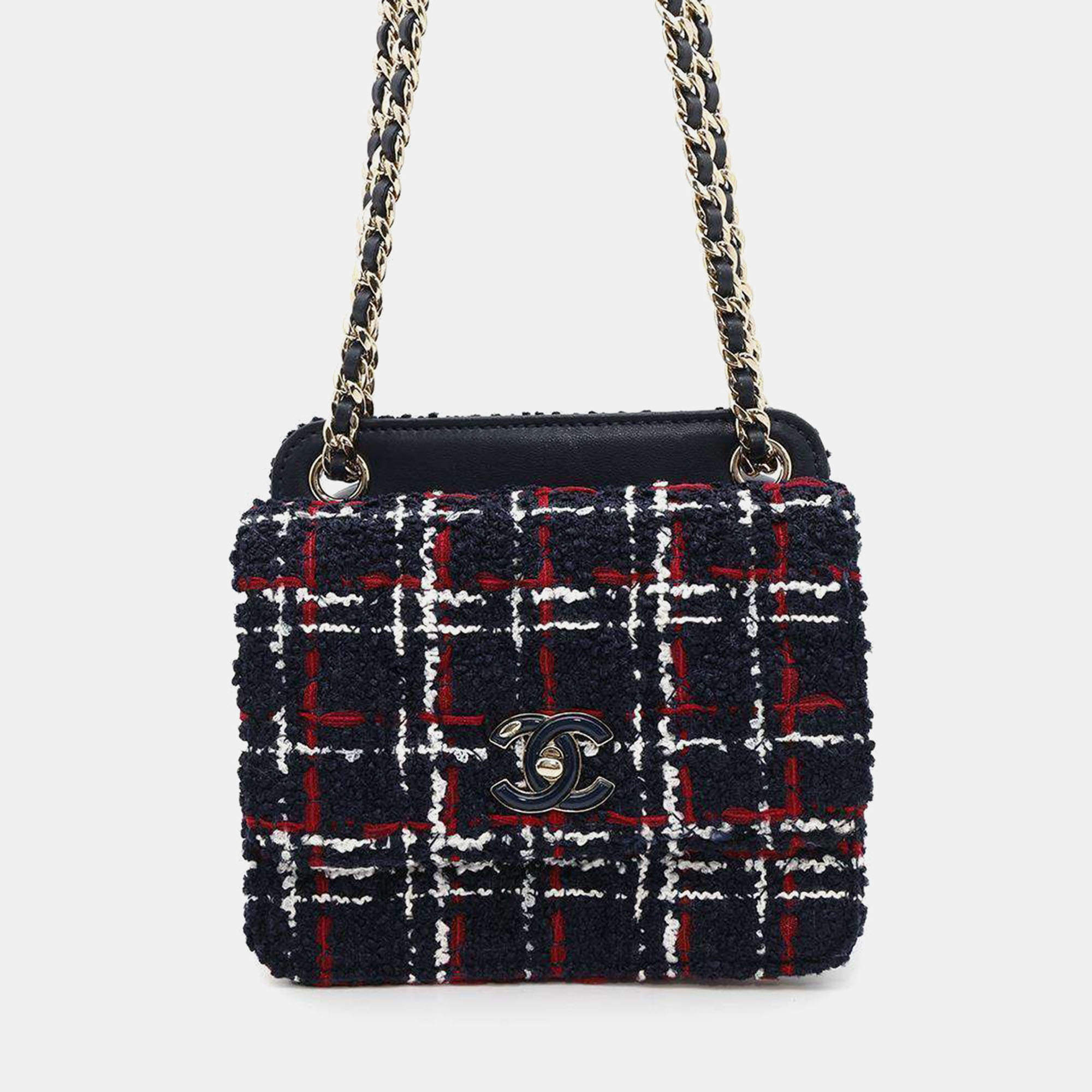 Chanel Navy Tweed Lambskin Matelasse Chain Shoulder Bag