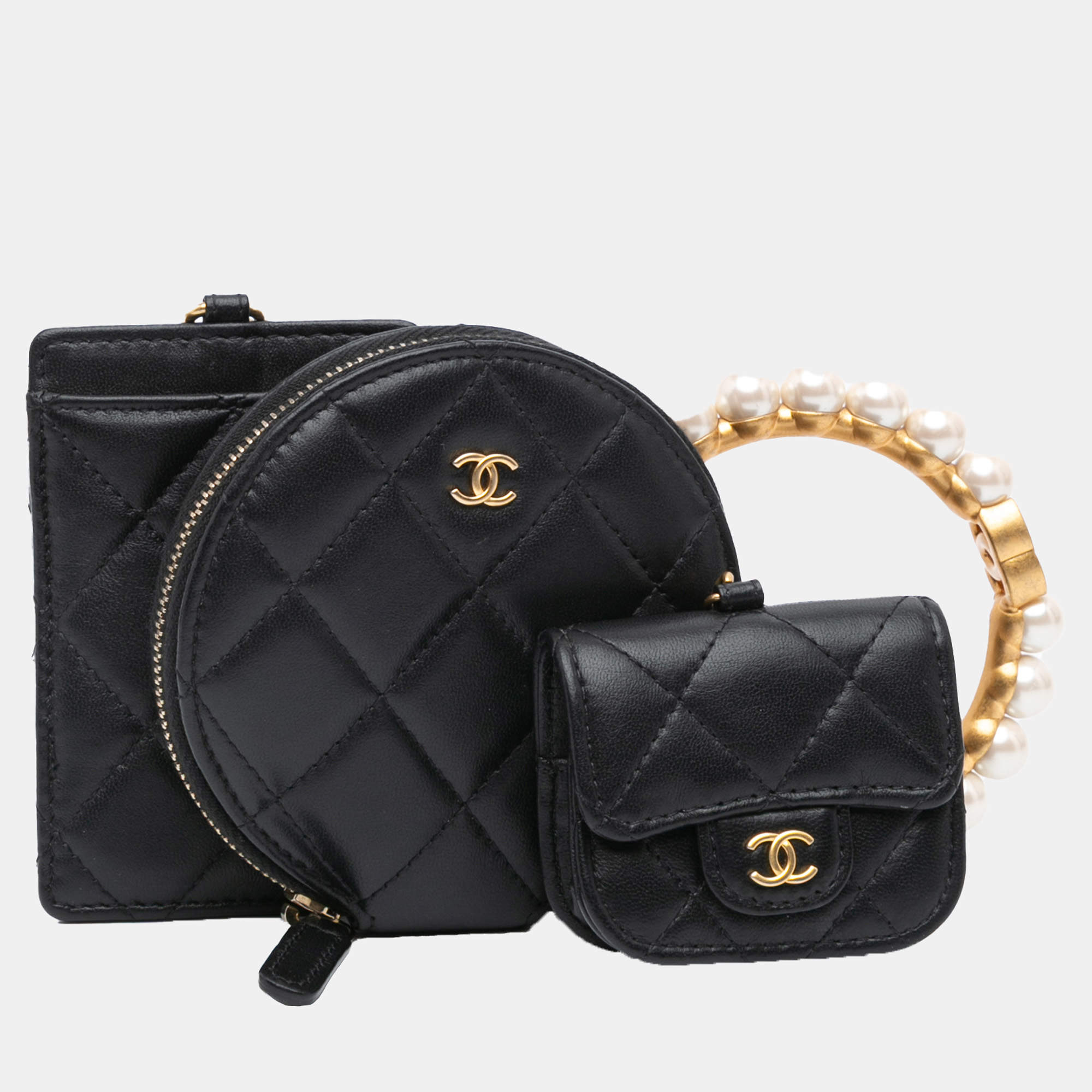 Chanel Black Lambskin Pearl Crown CC Wristlet Multi Pouches Bag