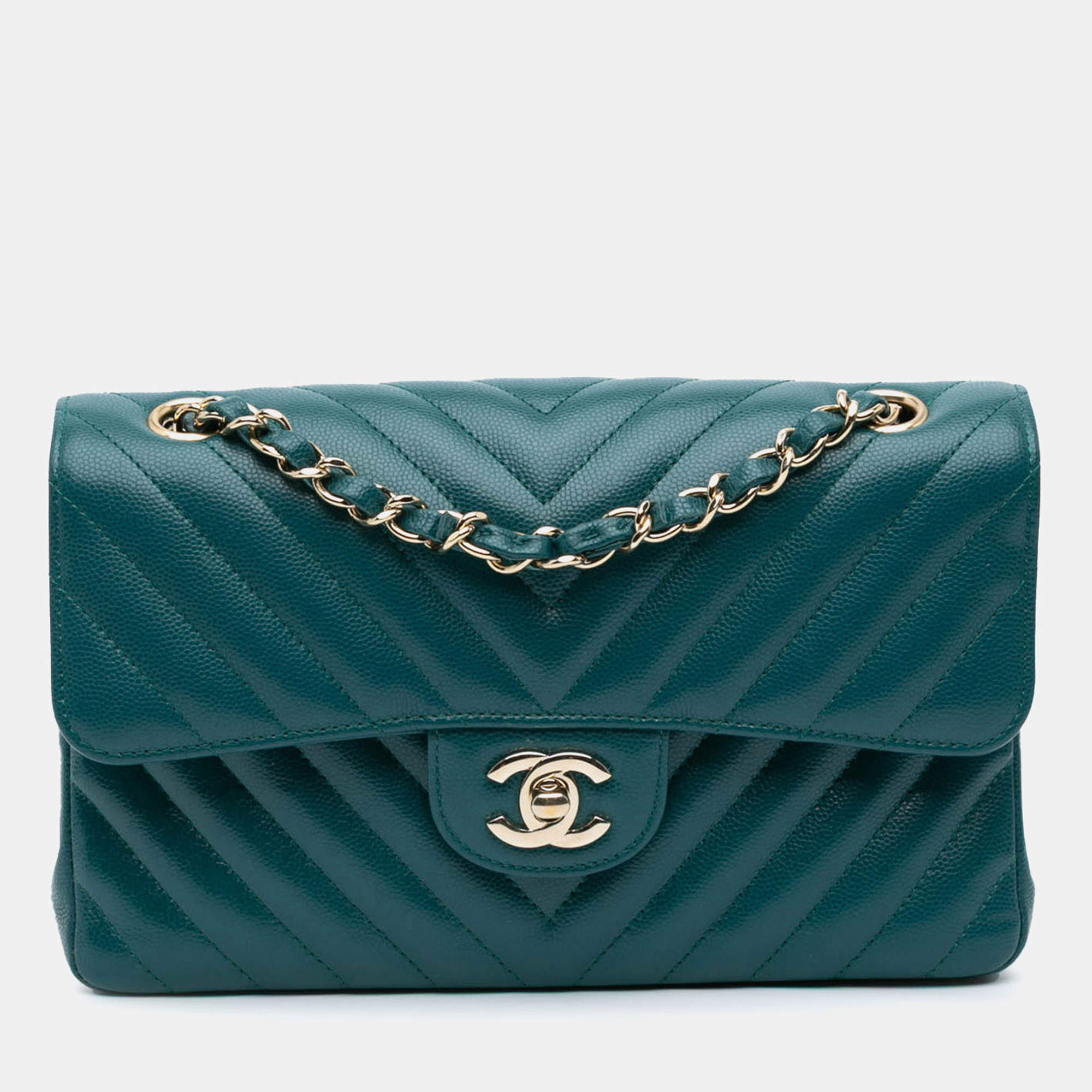 Chanel Blue Small Classic Chevron Caviar Double Flap Bag