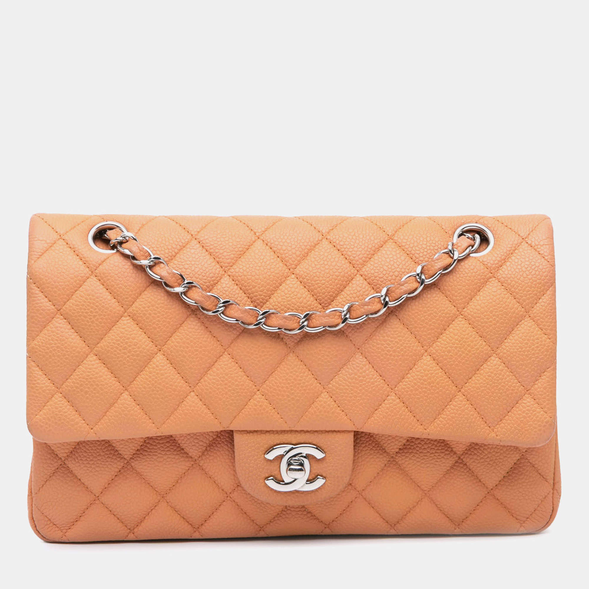 Pre Owned Chanel Orange Medium Classic Caviar Double Flap Bag
