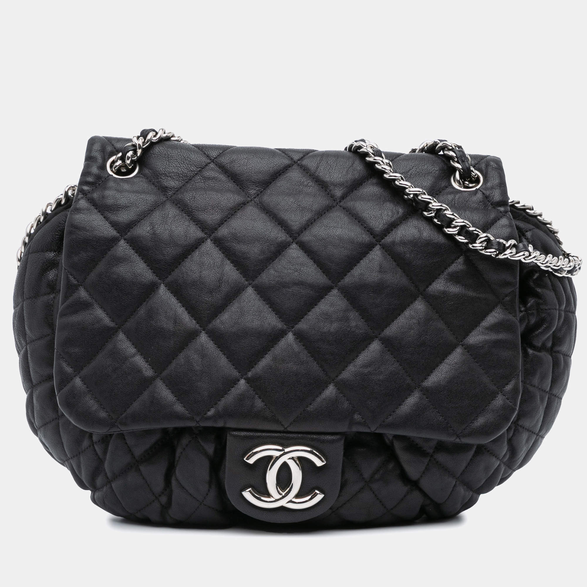 Pre Owned Chanel Black Large Lambskin Chain Around Flap  Bag