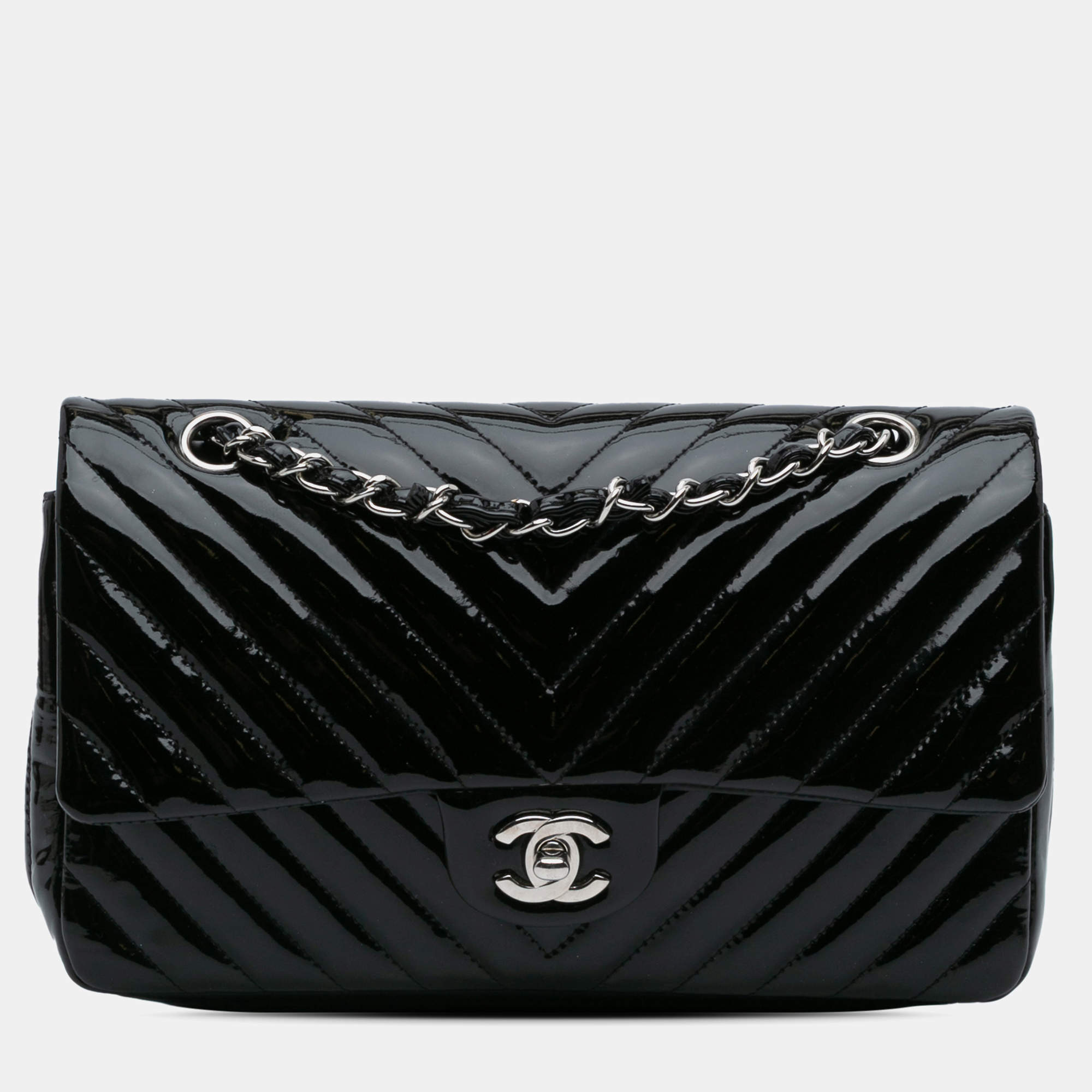 Pre Owned Chanel Black Medium Classic Chevron Patent Double Flap Bag