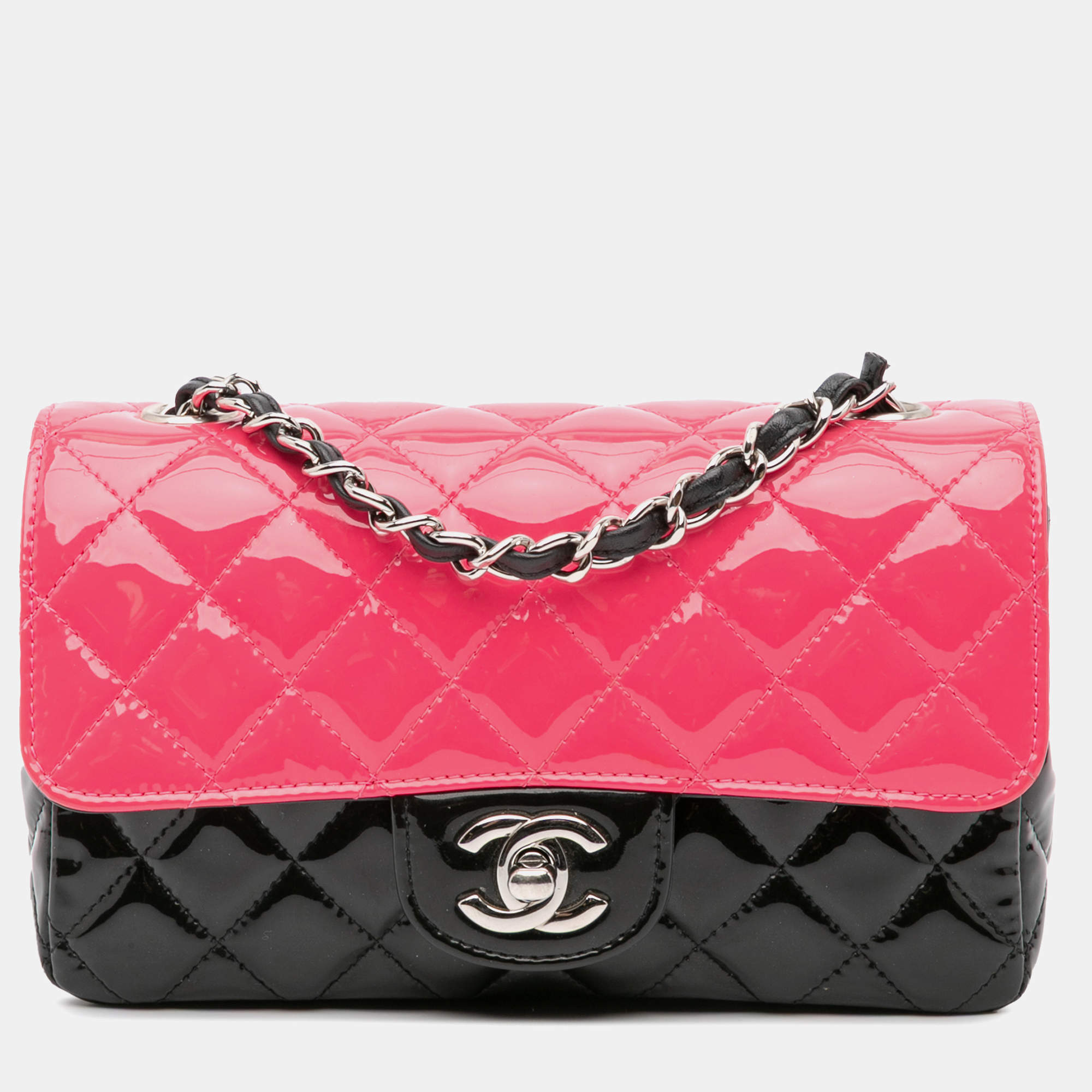 Pre Owned Chanel Black Pink Mini Rectangular Bicolor Patent Leather Flap Bag