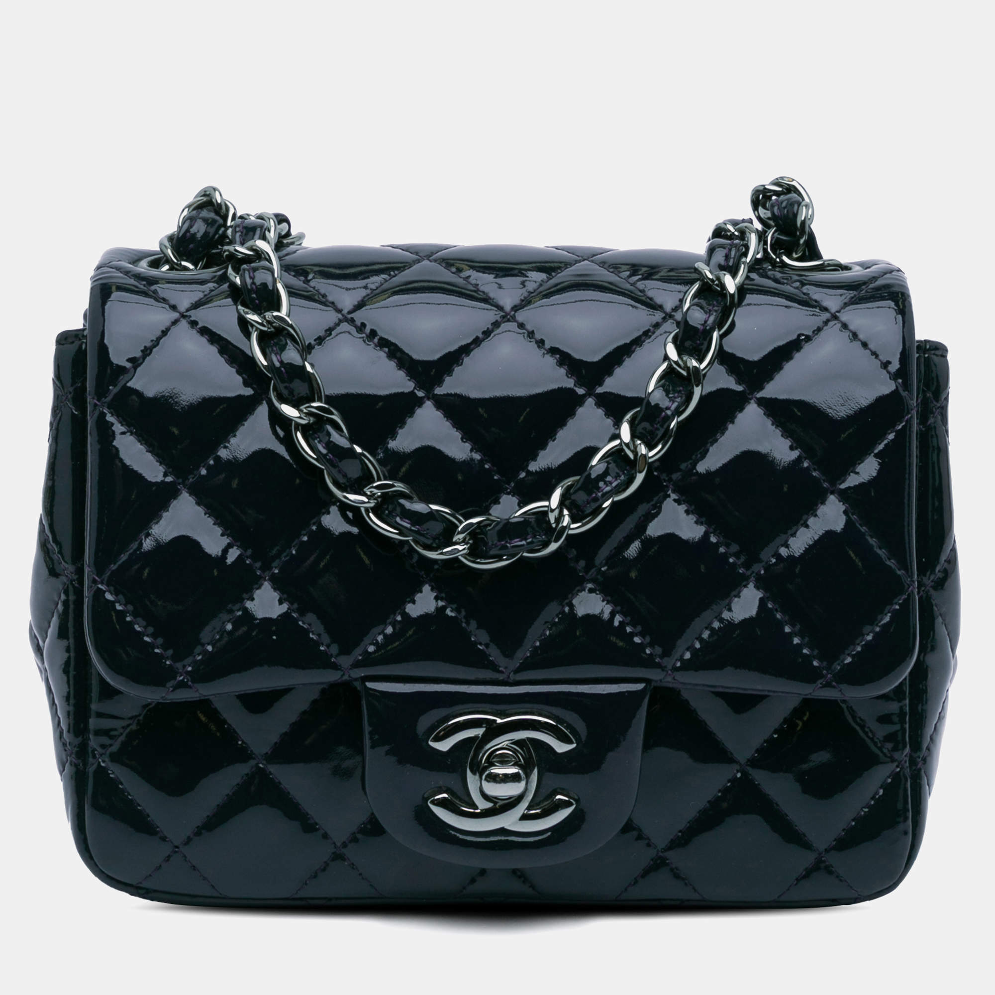 Pre Owned Chanel Navy Blue Mini Square Classic Patent Single Flap Bag
