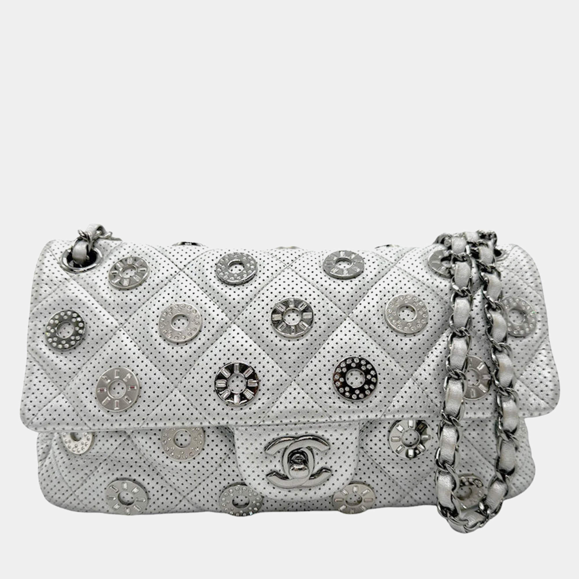 Pre Owned Chanel Silver Leather Perforated Chain Shoulder Bag