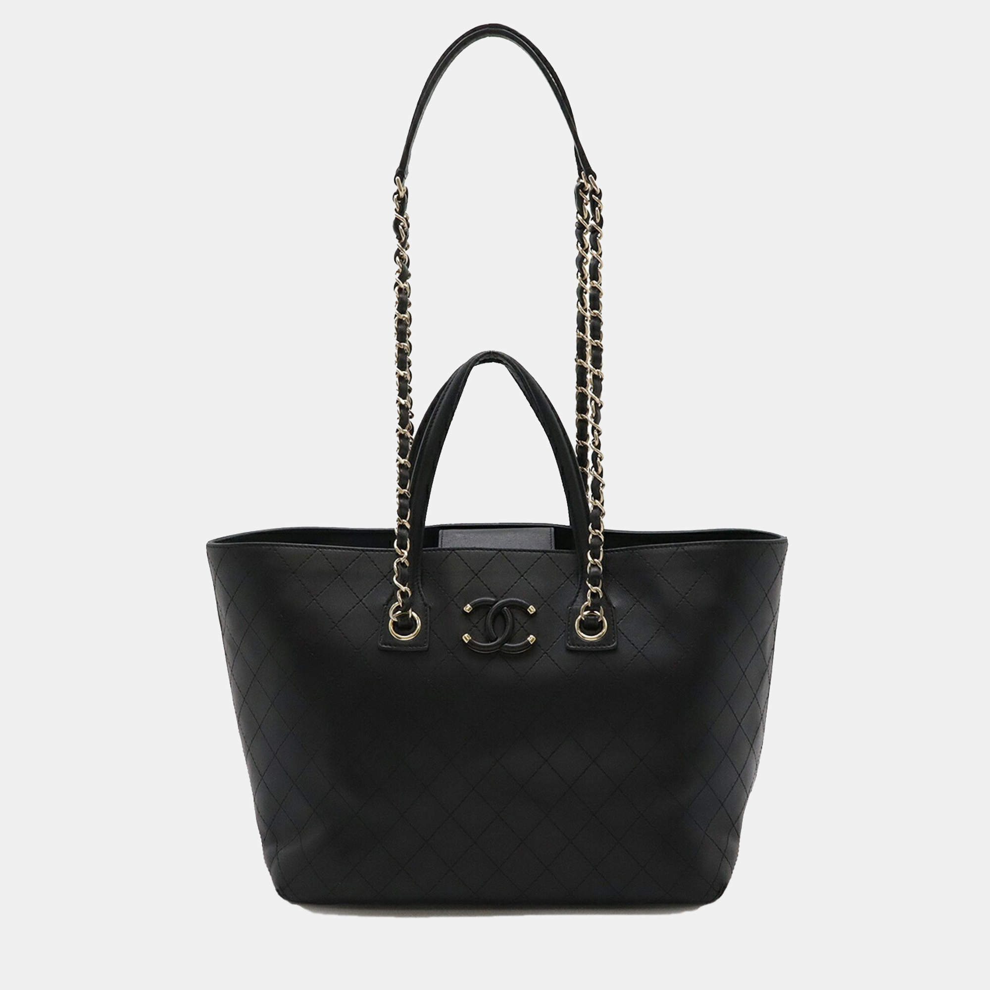 Chanel Black  Chain Leather Matelasse Coco Mark Tote Bag 