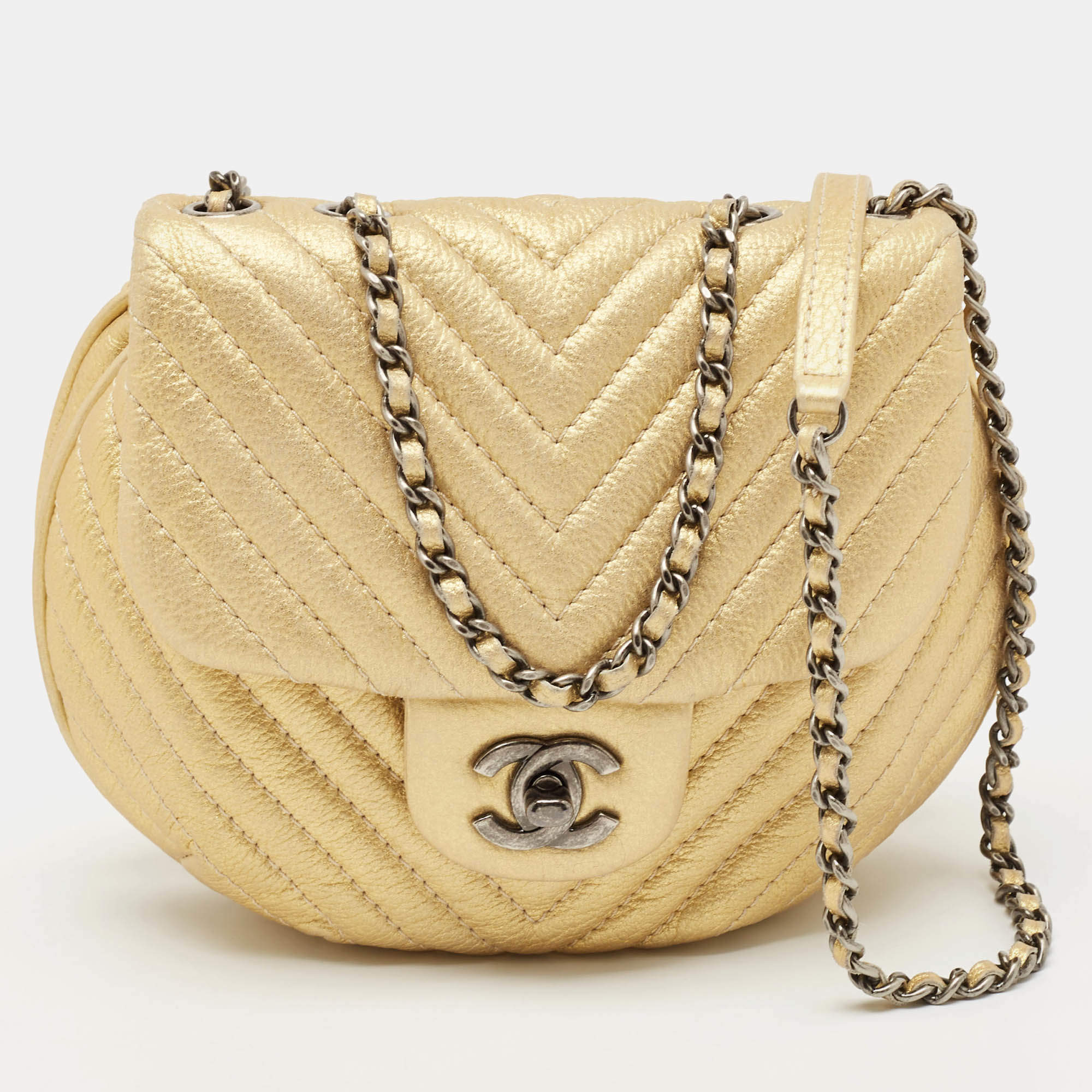 Pre Owned Chanel Yellow Chevron Leather Small Bubble CC Flap Bag