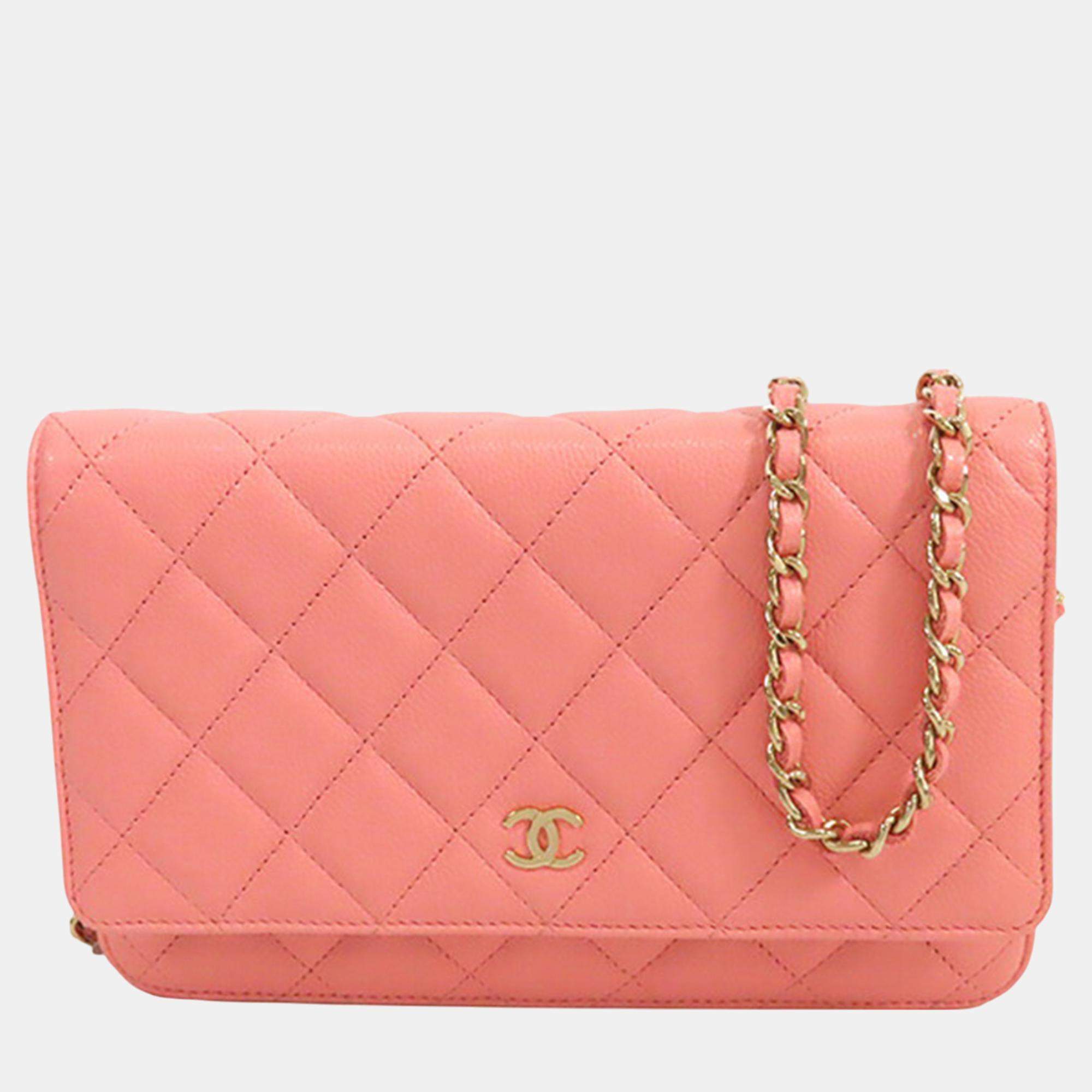 Chanel Pink Caviar Leather Classic Wallet On Chain