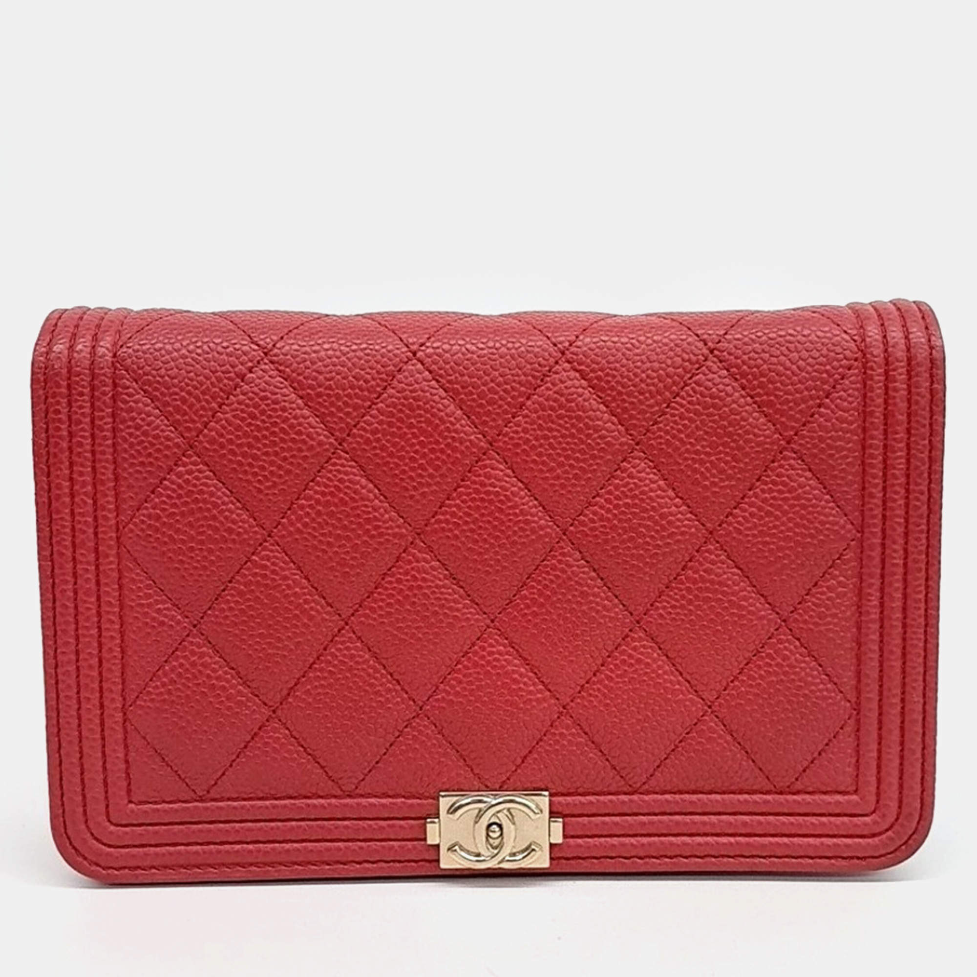 Chanel Red Leather Classic Mini Boy Wallet on Chain Bag