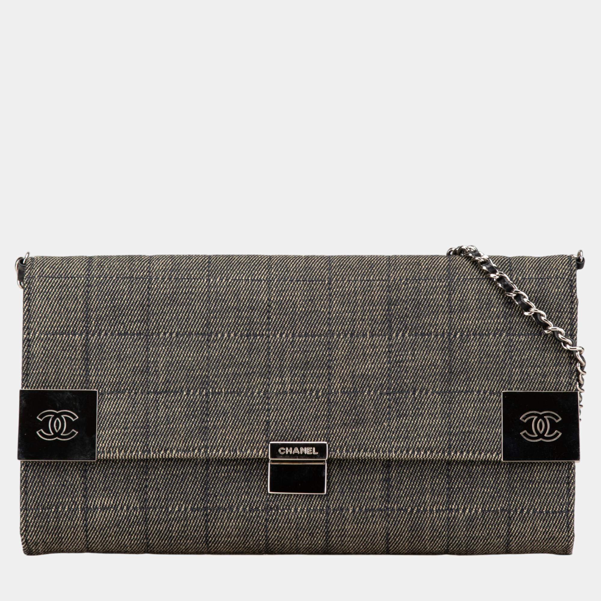 Pre Owned Chanel Grey Denim CC Choco Bar Chain Flap Shoulder Bag