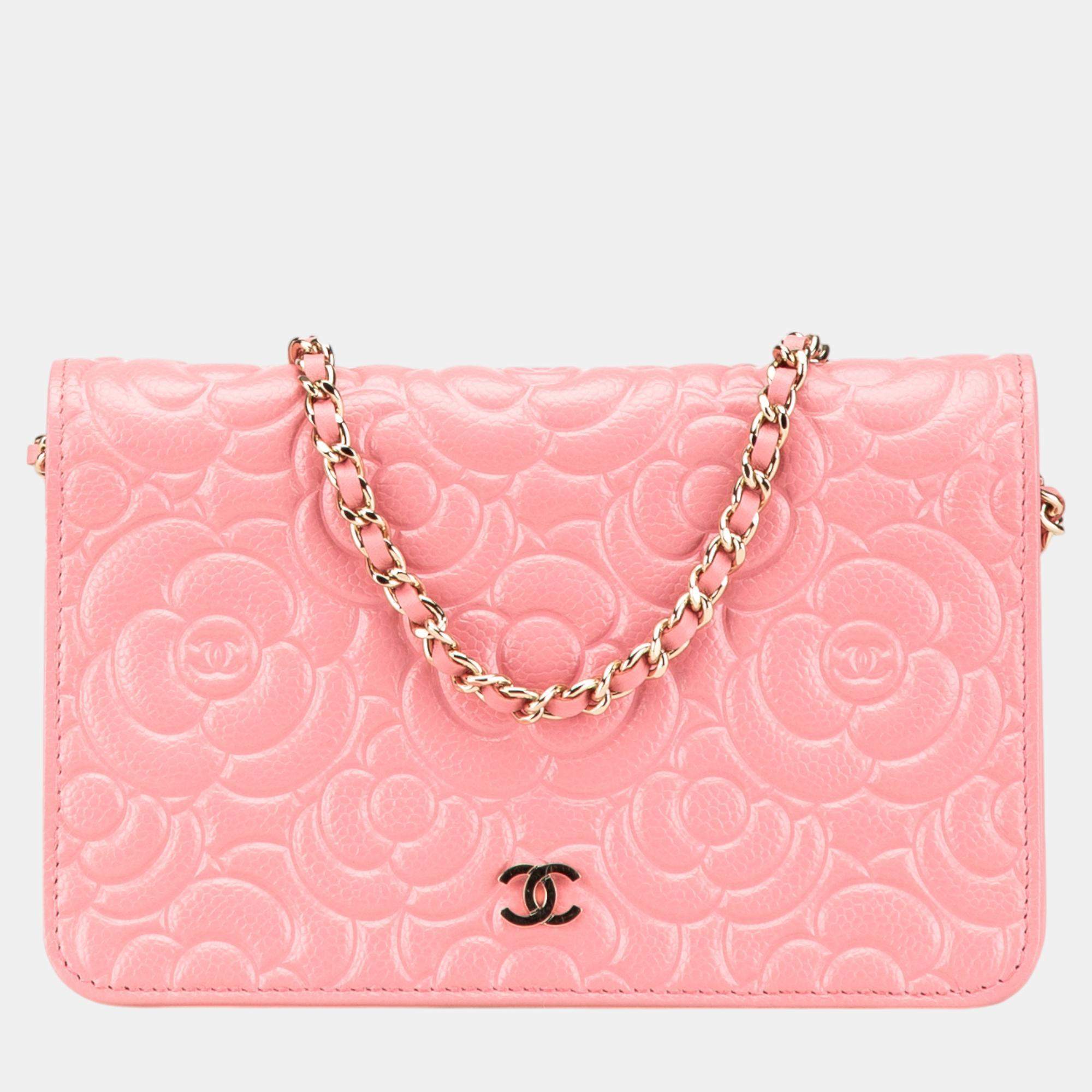 Chanel Pink CC Caviar Camellia Wallet On Chain 