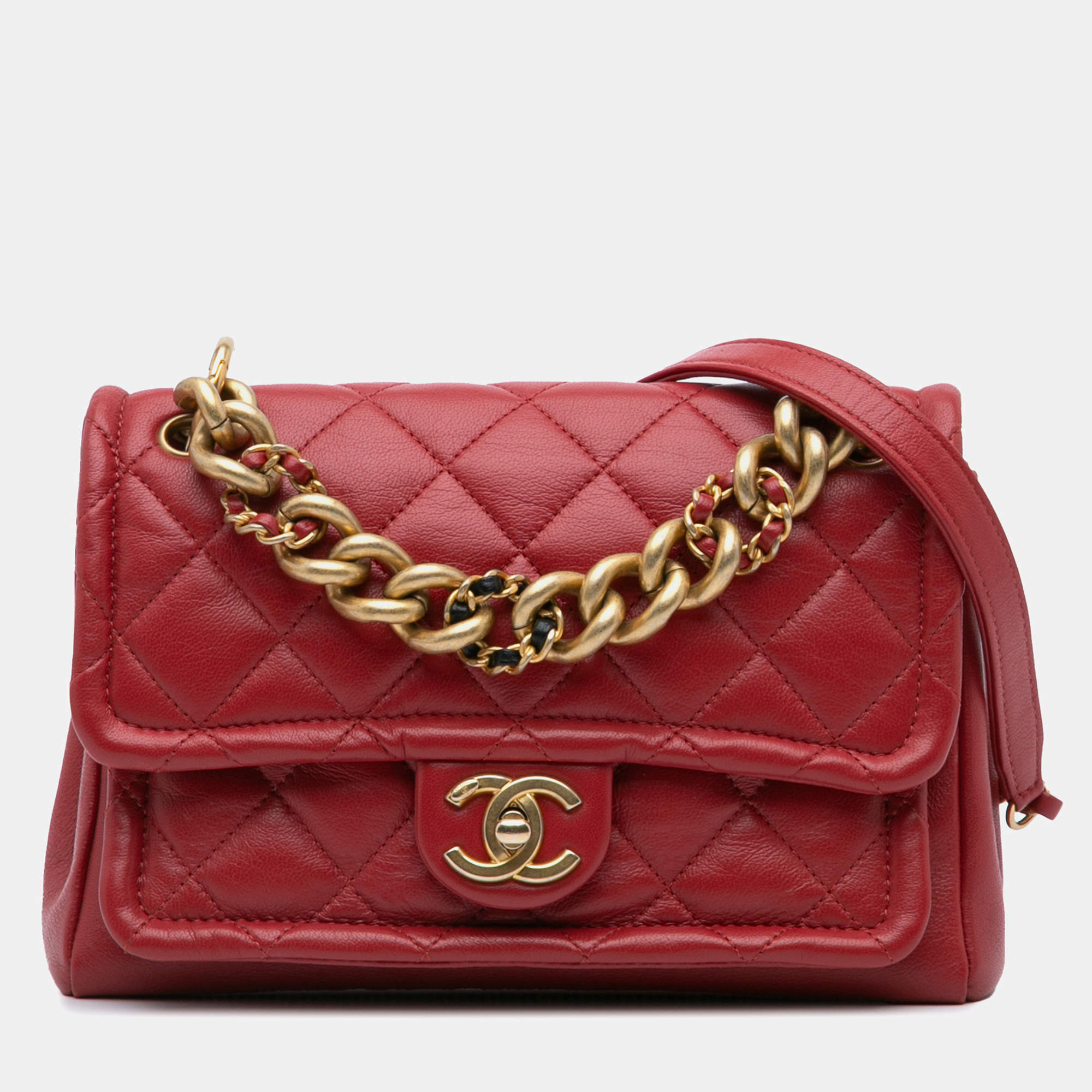 Pre Owned Chanel Red Quilted Lambskin Small Chain Link Flap Bag