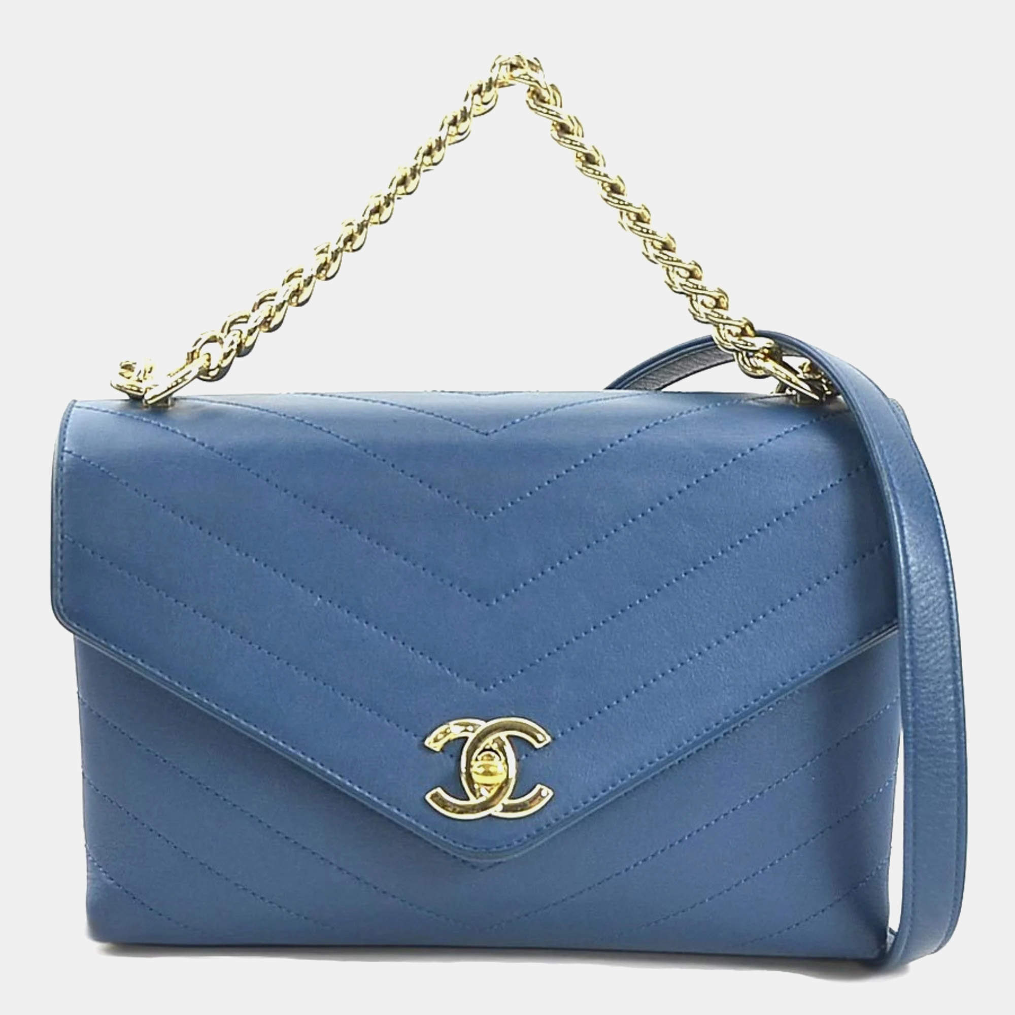 Chanel Blue Leather V-Stitch Shoulder Bag