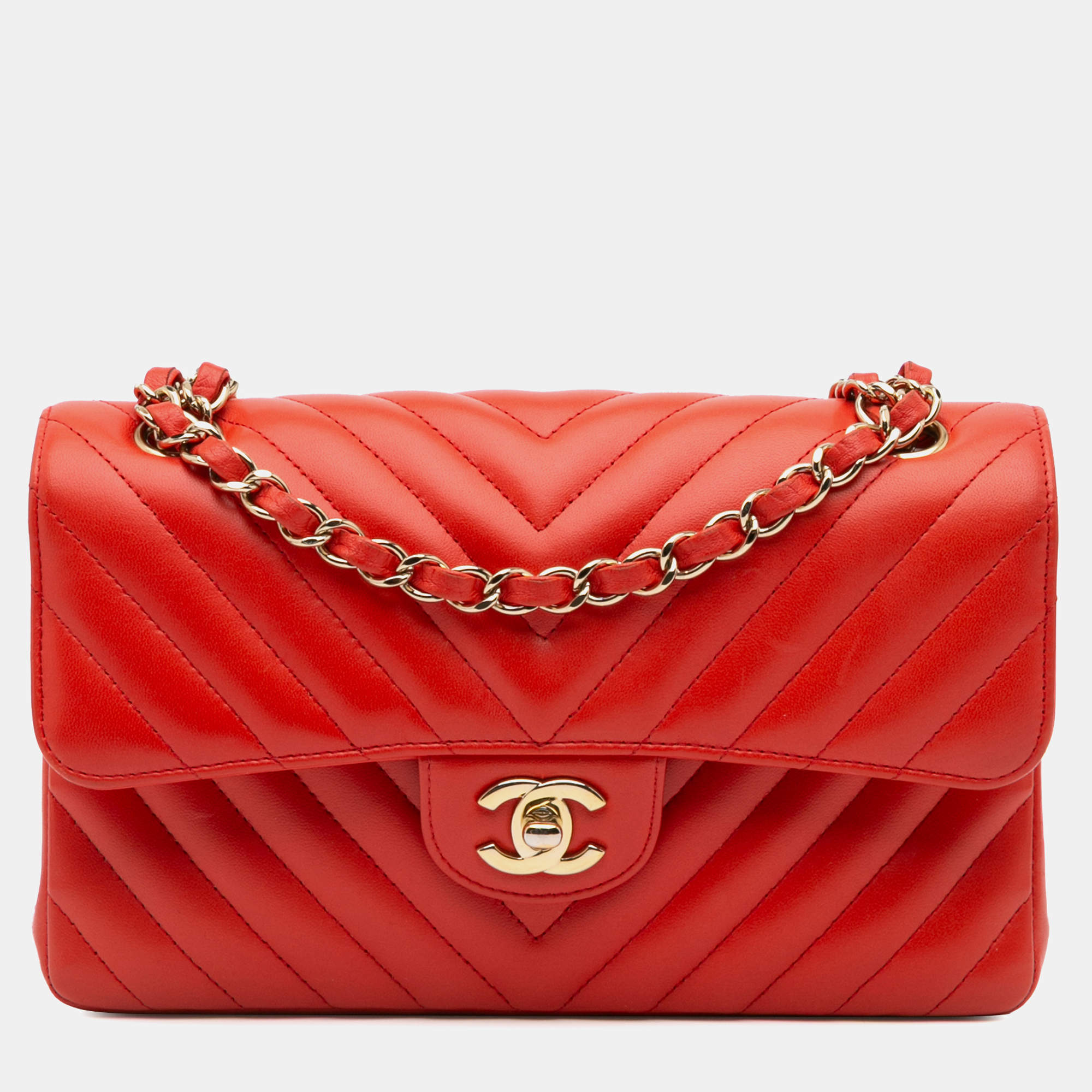 Chanel Orange Chevron Quilted Lambskin Small Classic Double Flap Bag