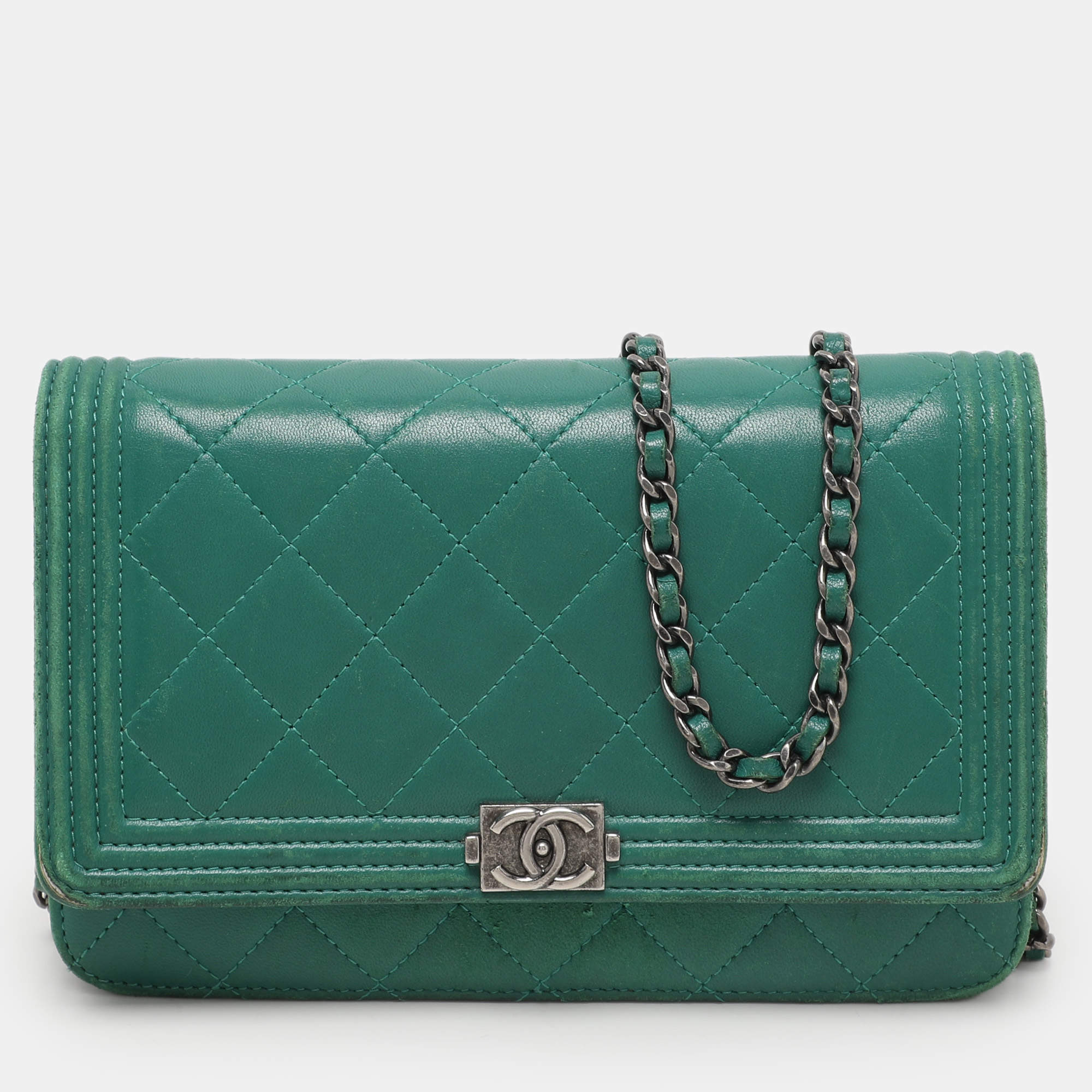 Chanel Green Quilted Leather Boy Wallet On Chain
