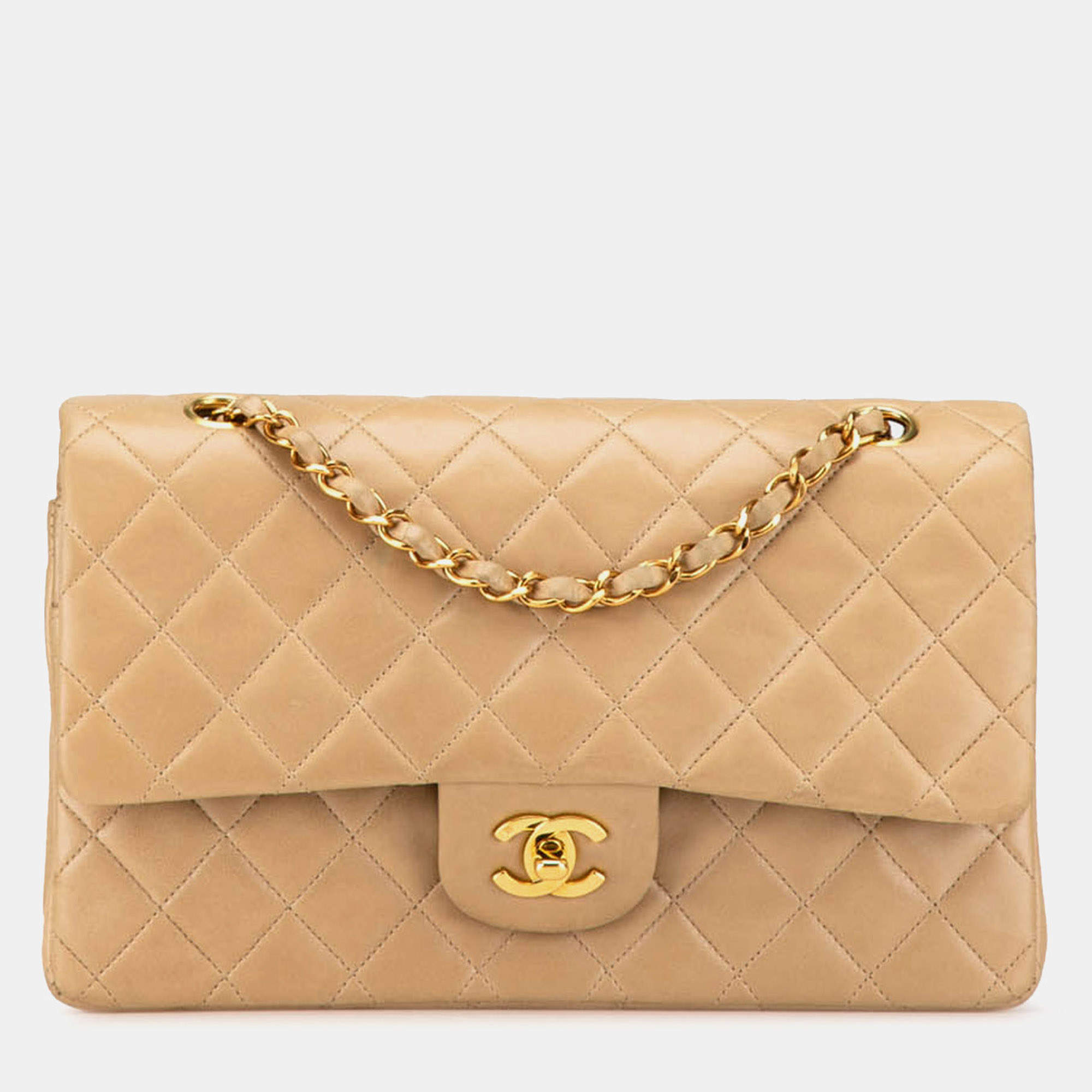 Pre Owned Chanel Beige Medium Classic Lambskin Double Flap Bag