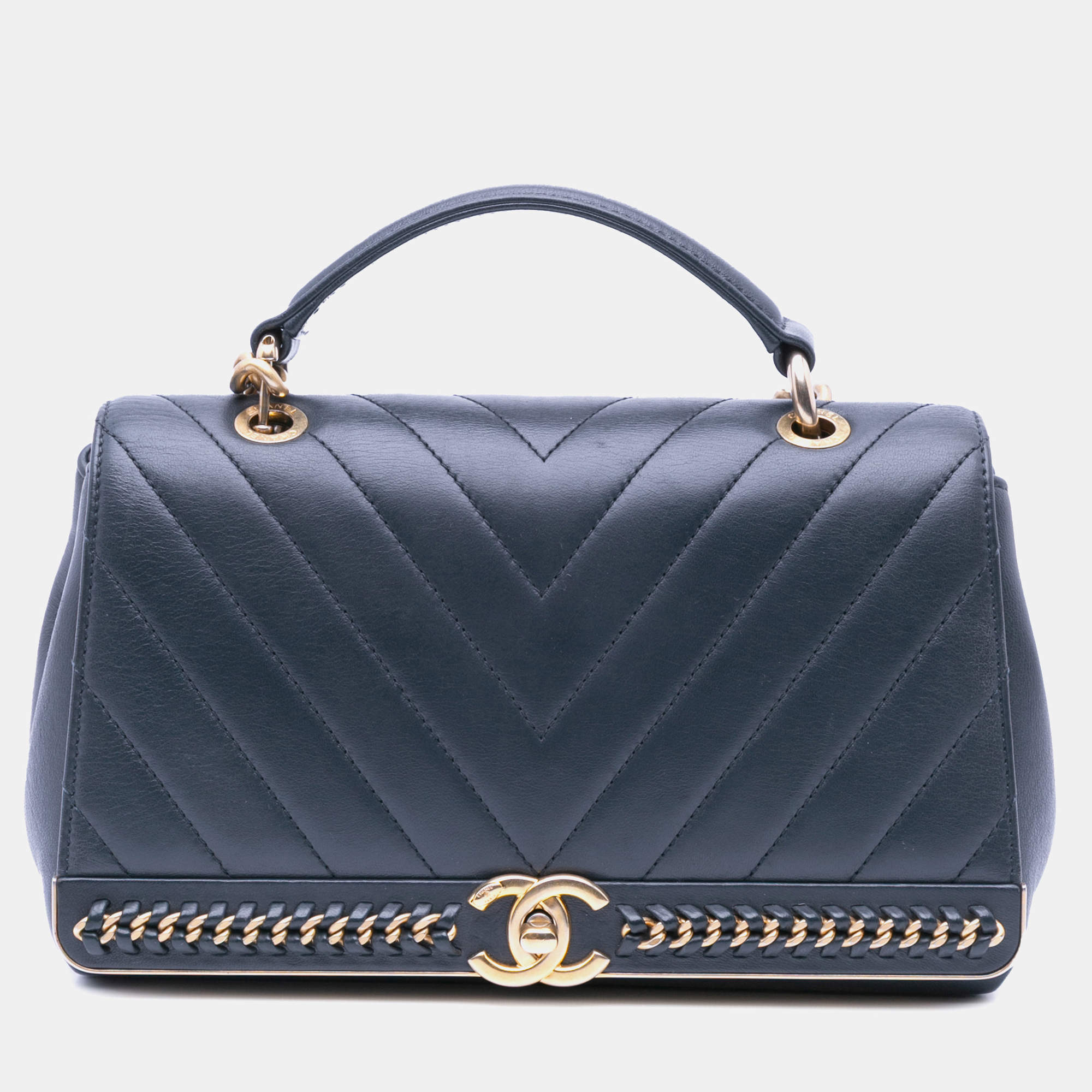 Chanel Black Chevron Sheepskin Stitched Chain Top Handle Flap Bag