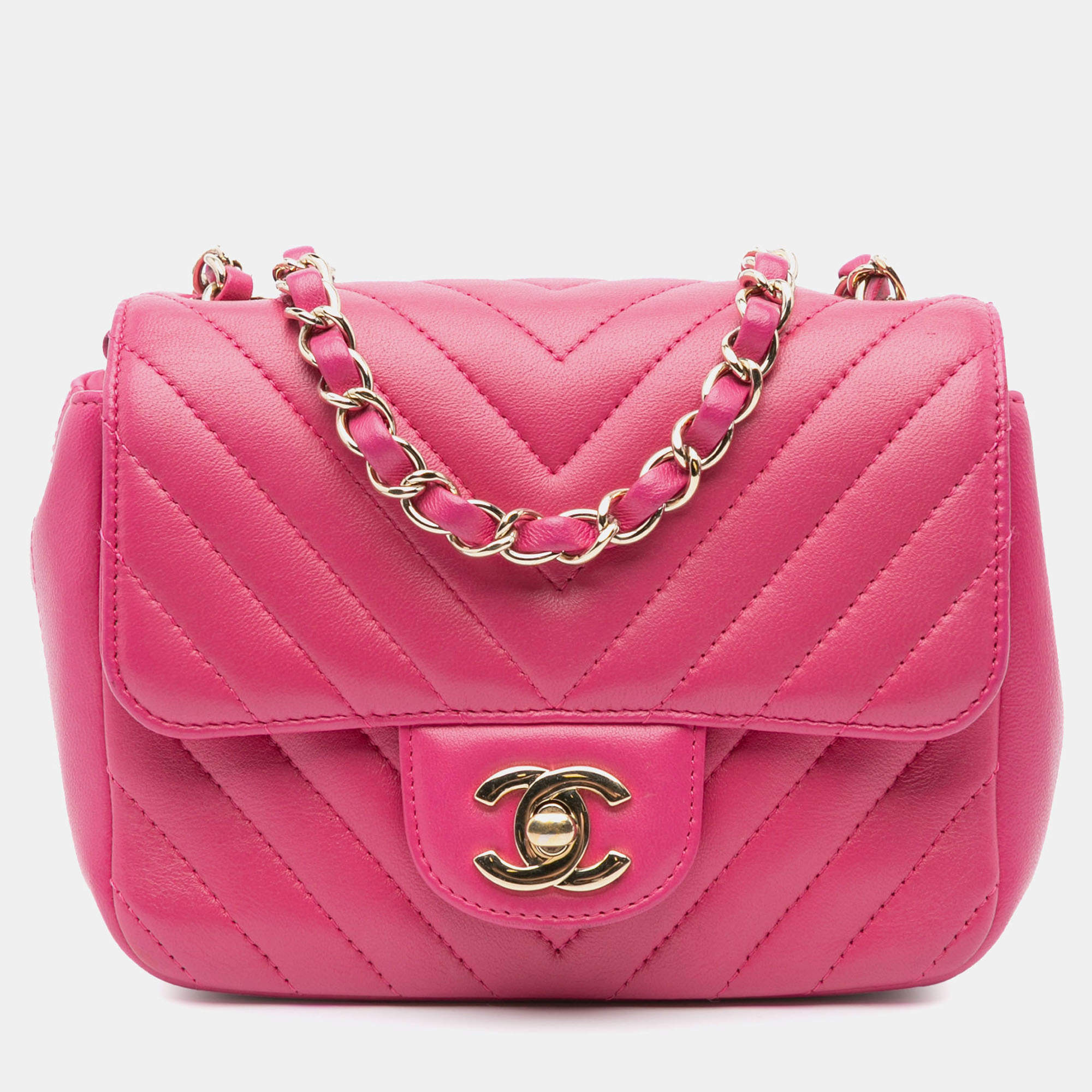 Pre Owned Chanel Pink Chevron Lambskin Mini Classic Single Flap Shoulder Bag