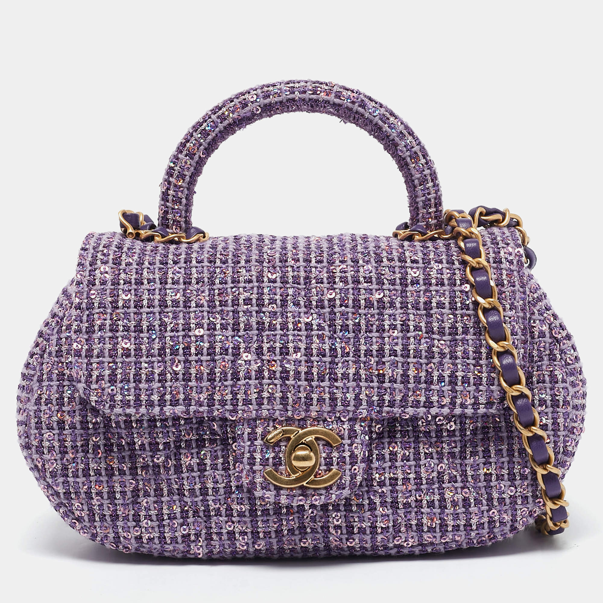 Chanel Purple Quilted Tweed and Sequins Top Handle Bag