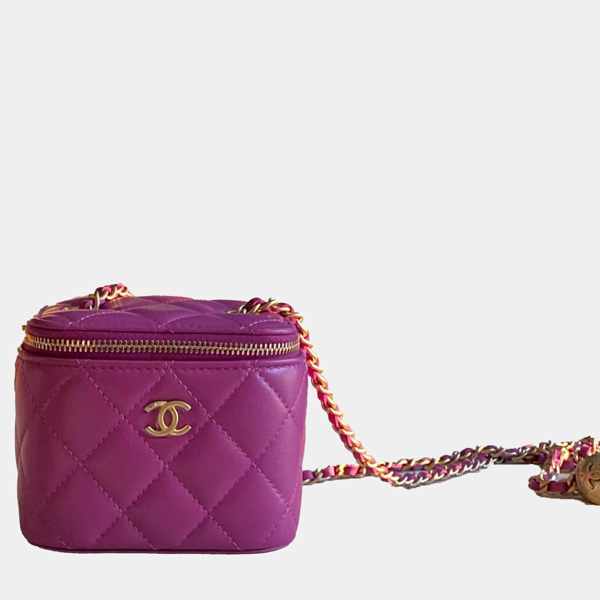 Chanel Purple Quilted Lambskin Mini Pearl Crush Vanity Case with Chain 