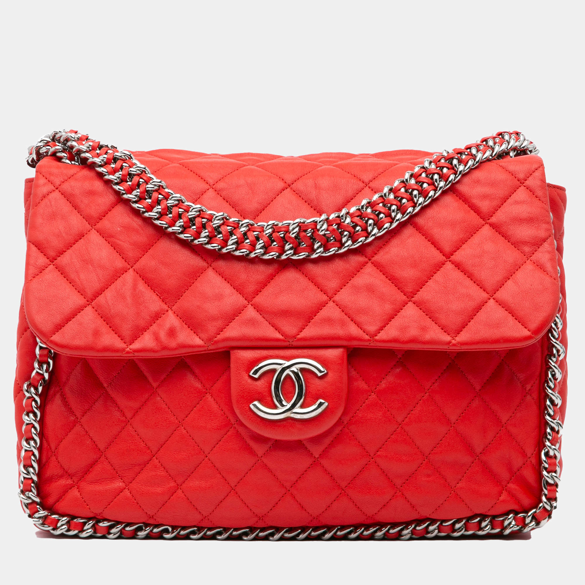 Pre Owned Chanel Red Maxi Washed Lambskin Chain Around Flap Bag
