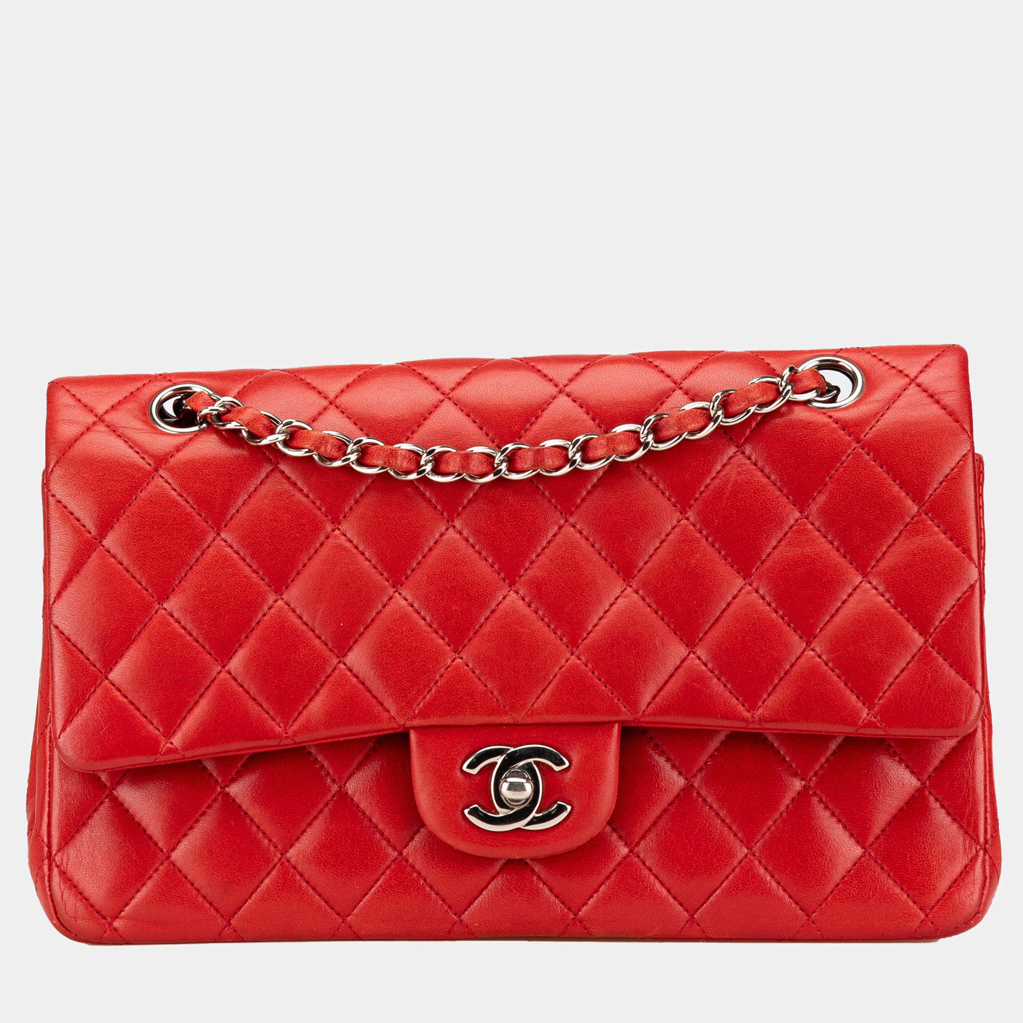 Pre Owned Chanel Red Medium Classic Lambskin Double Flap Bag