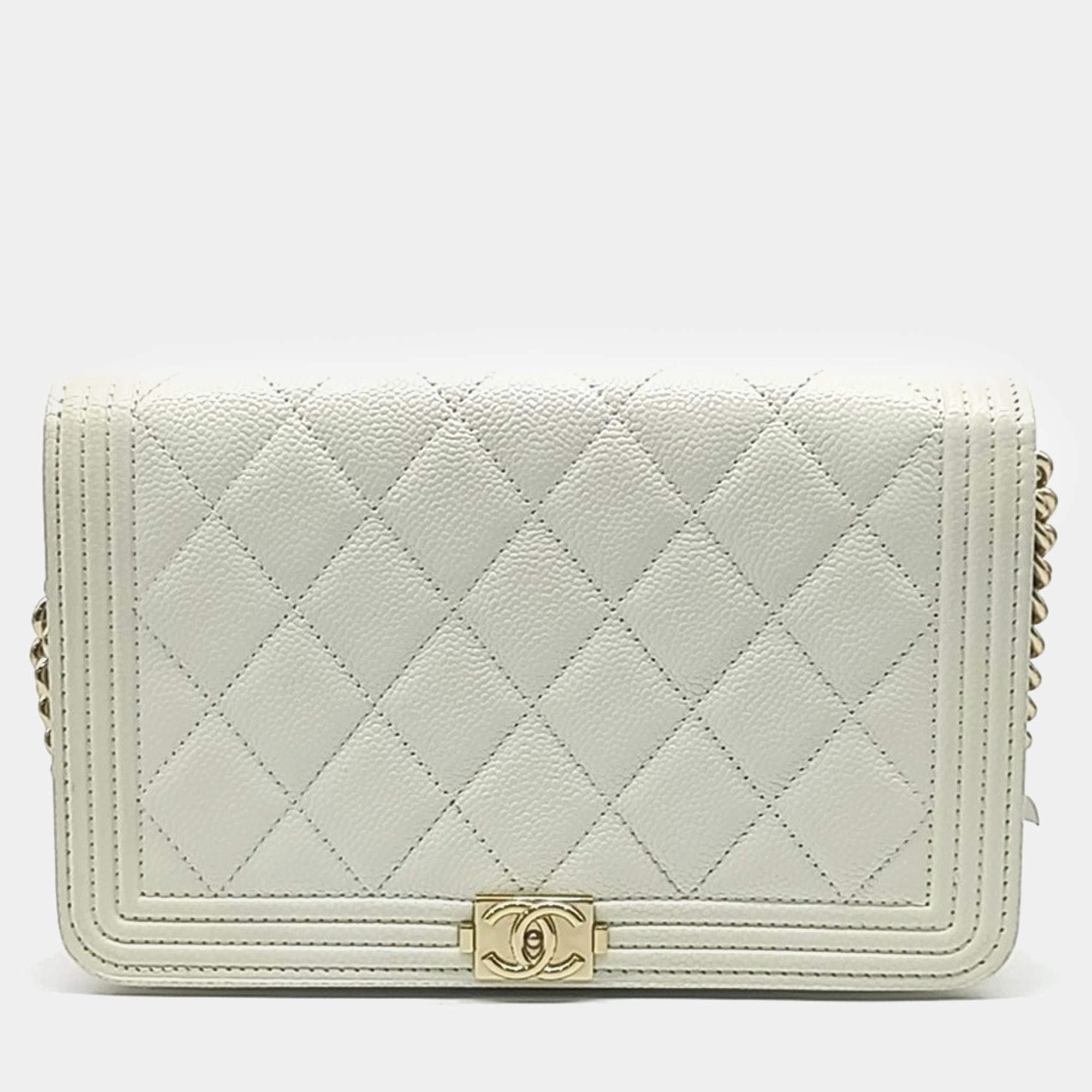 Pre Owned Chanel Cream Leather Caviar Boy WOC Mini Crossbody Bag