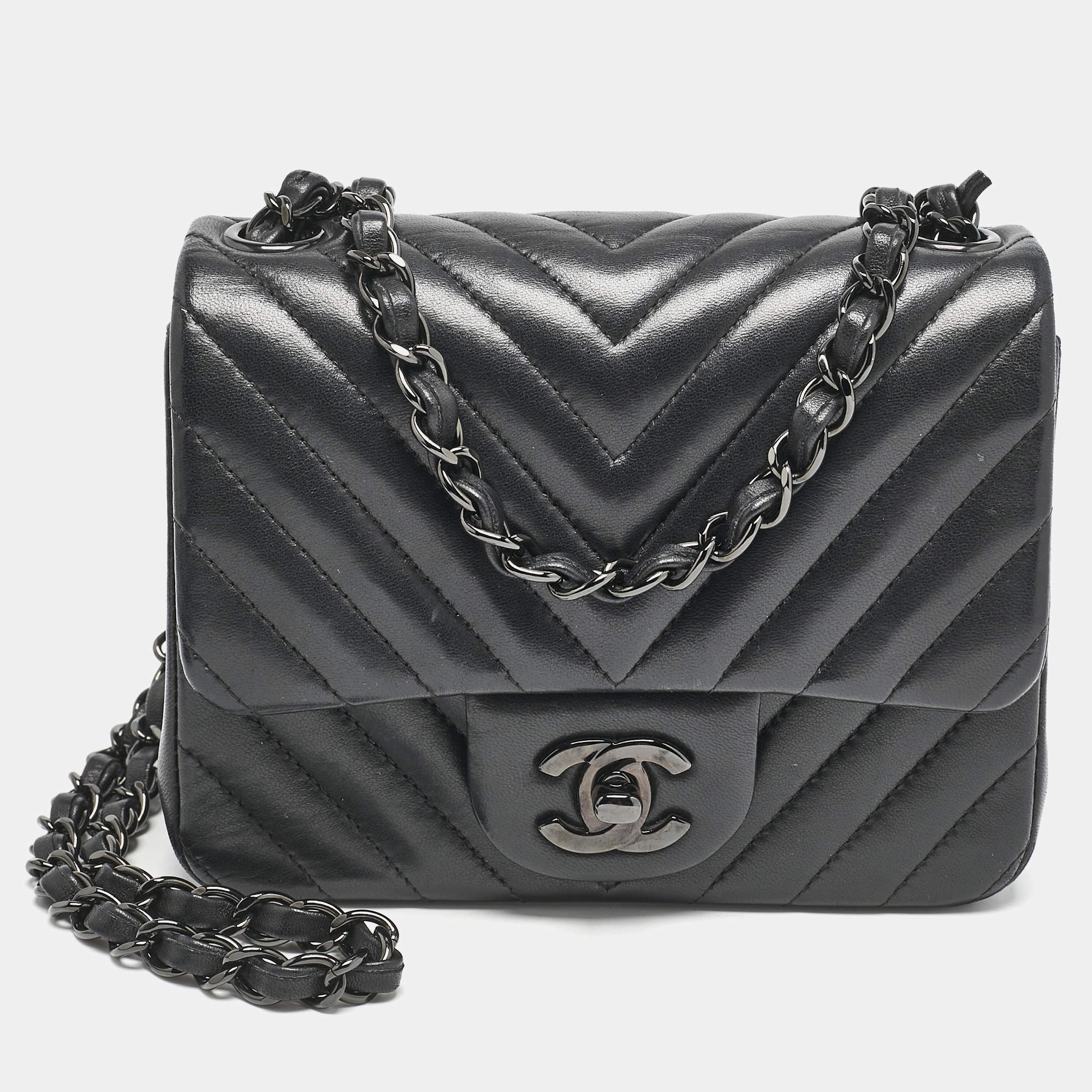 Pre Owned Chanel So Black Chevron Leather Mini Square Classic Flap Bag
