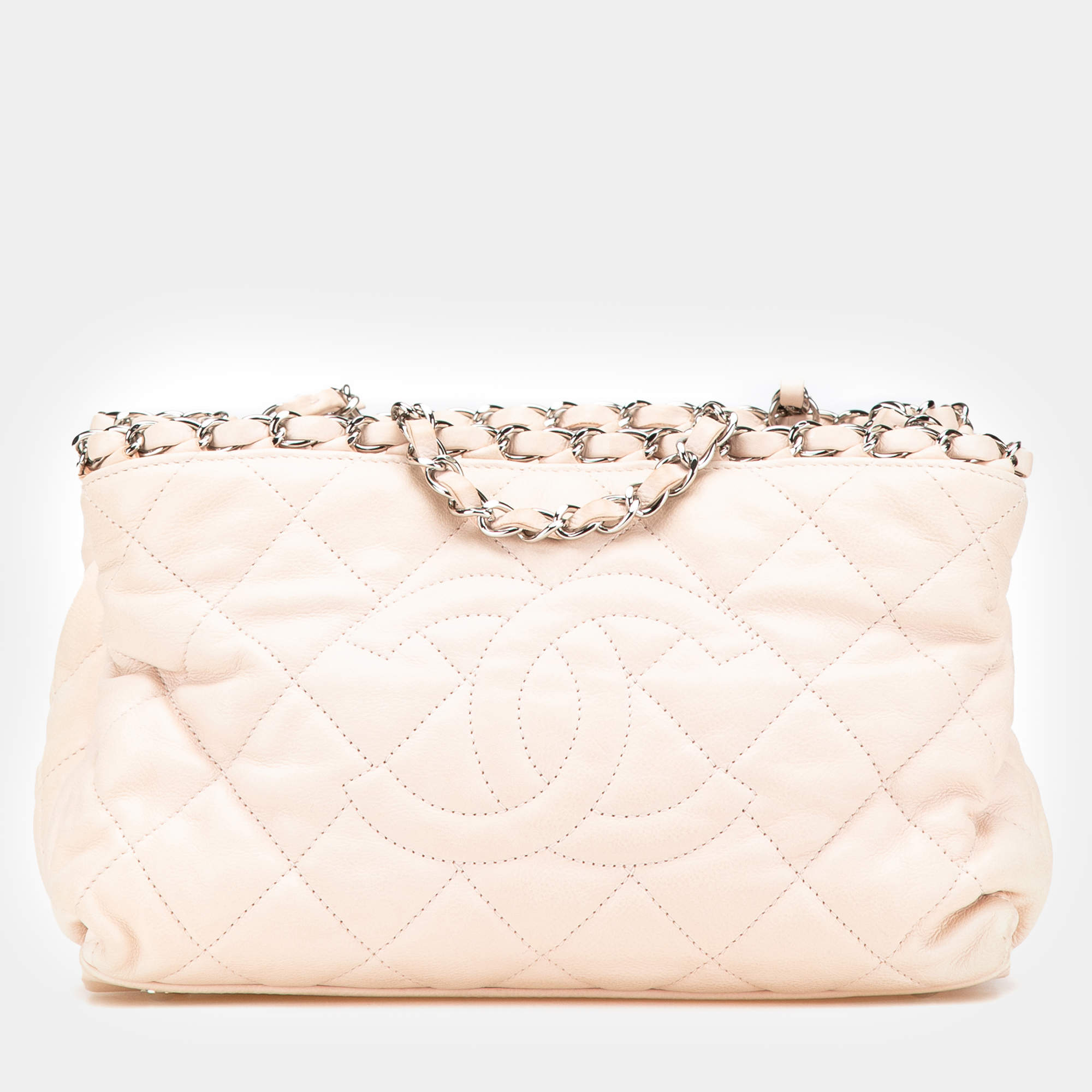 Pre Owned Chanel Light Beige Mini Quilted Lambskin Chain Me Tote Bag