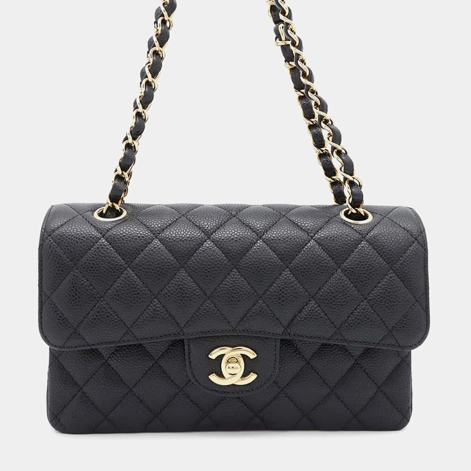 Chanel Black Caviar Leather  Matelasse W Flap Chain Shoulder Bag 