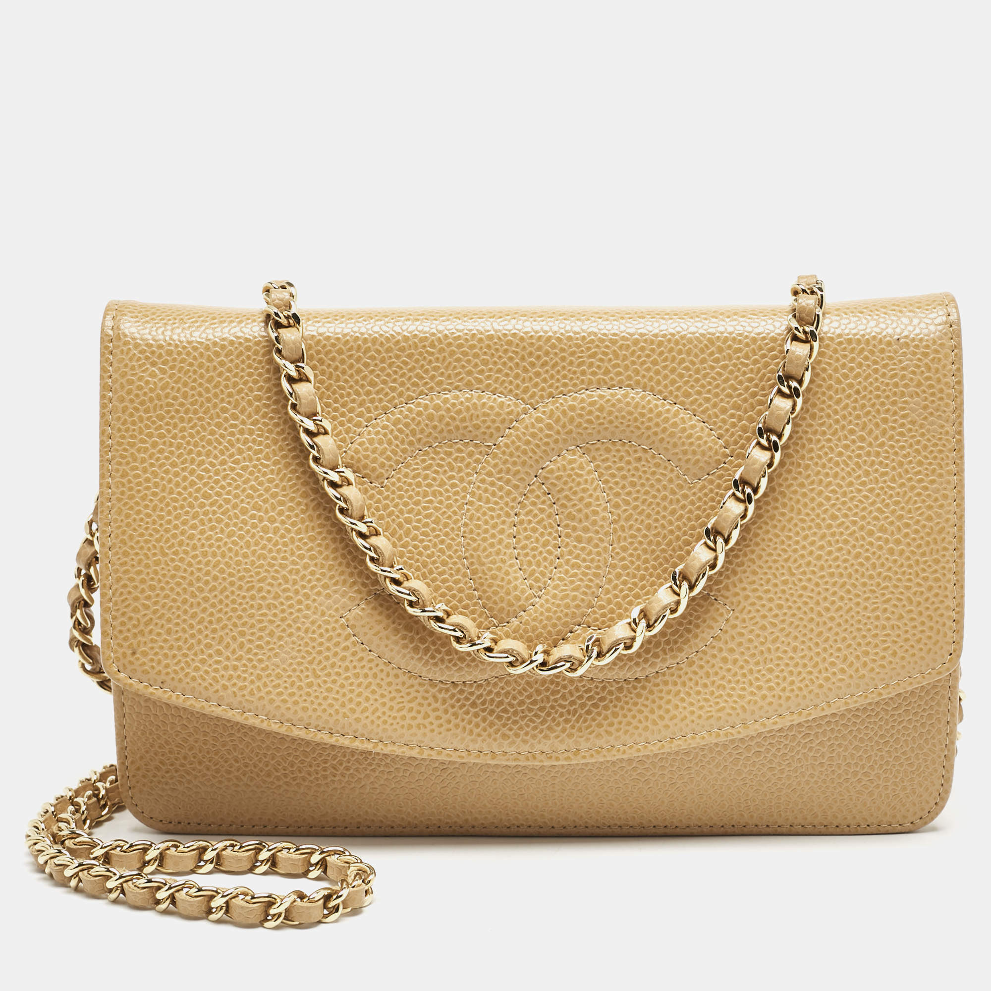 Chanel Beige Caviar Leather CC Timeless Wallet On Chain