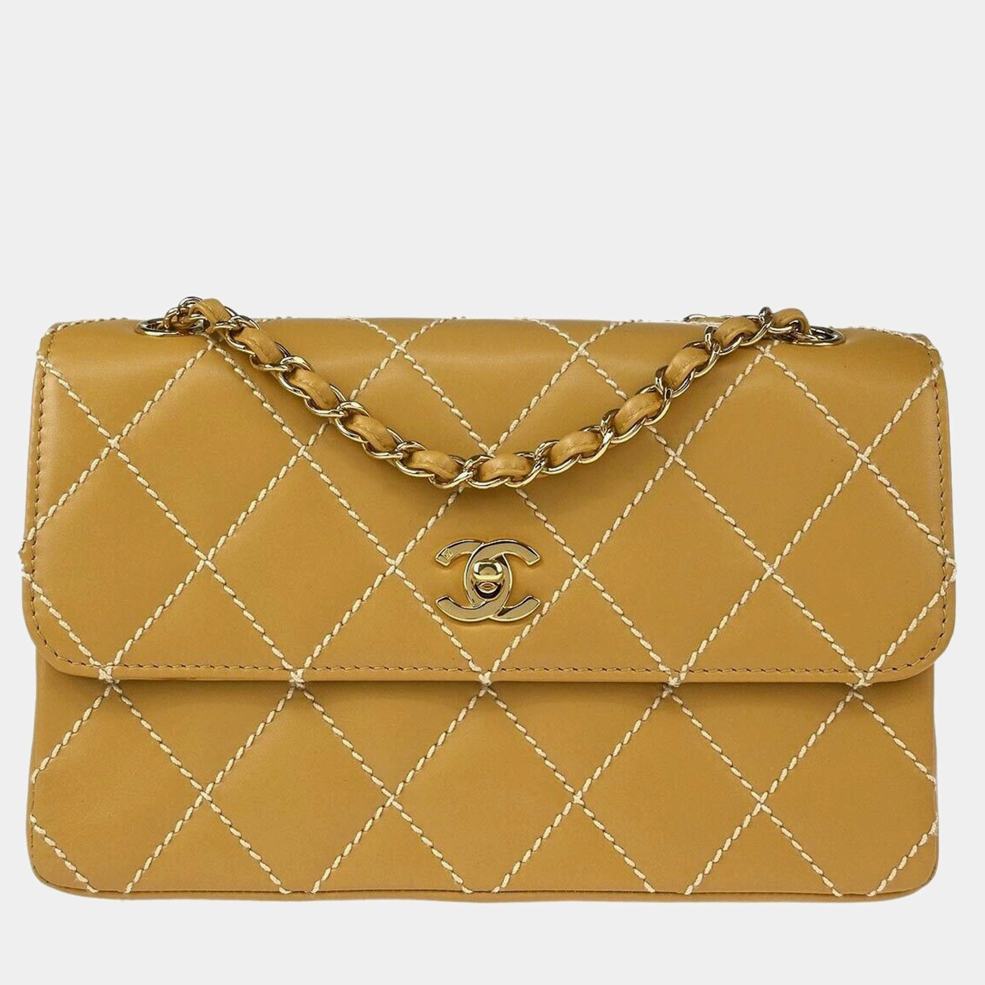 Pre Owned Chanel Beige Calfskin Wild Stitch Straight Flap Shoulder Bag