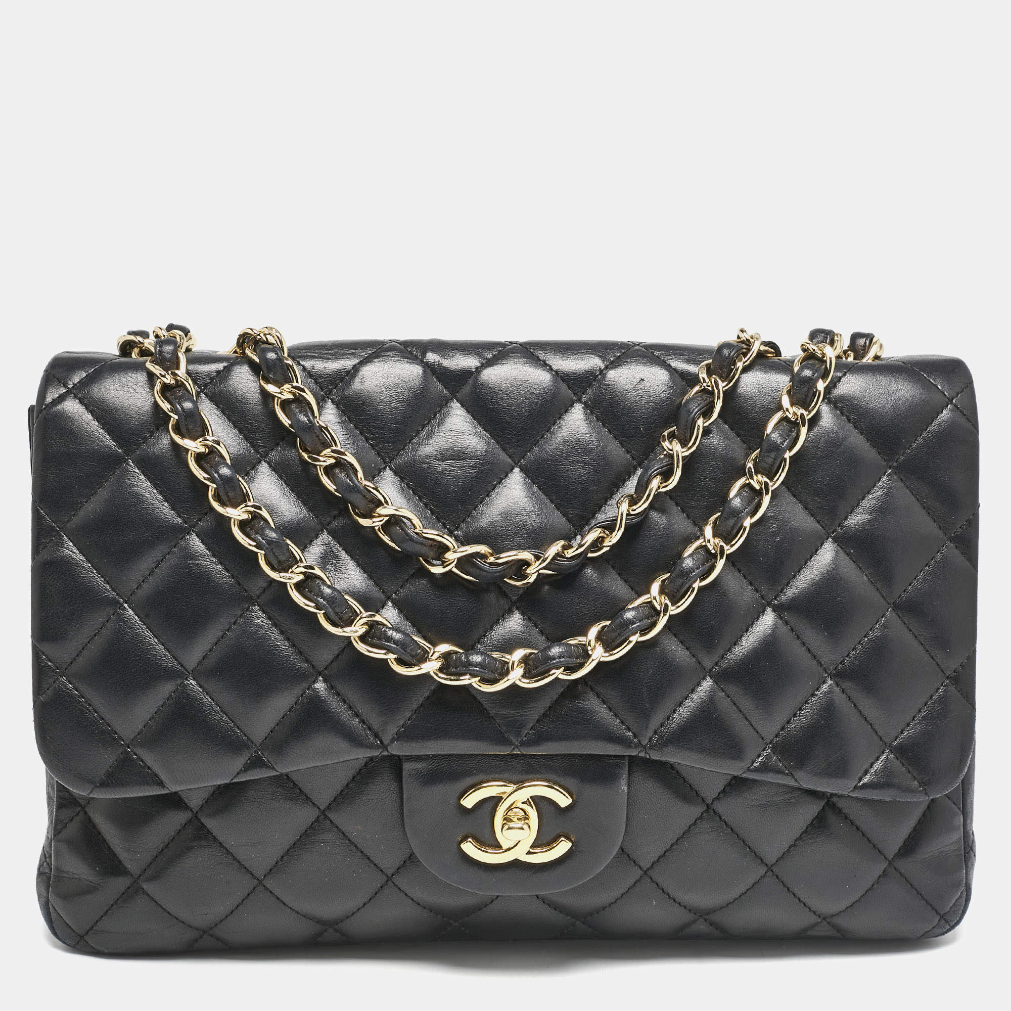 Pre Owned حقيبة شانيل قلاب كلاسيك جامبو جلد لامع مبطنة ذهبية