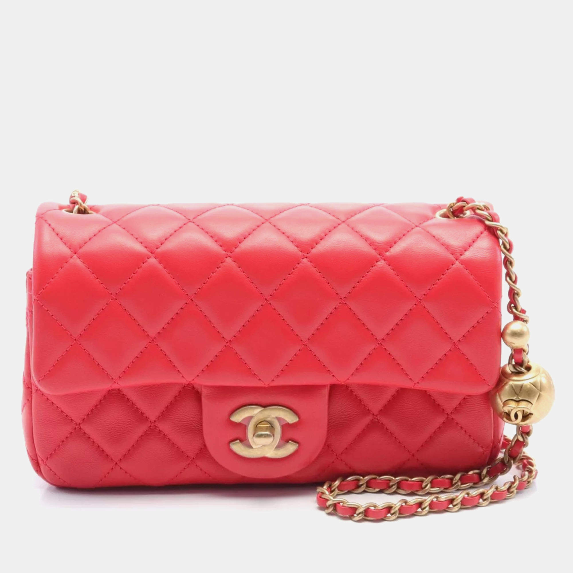 Chanel Red Lambskin Quilted Mini Rectangular Pearl Crush Flap  Bag