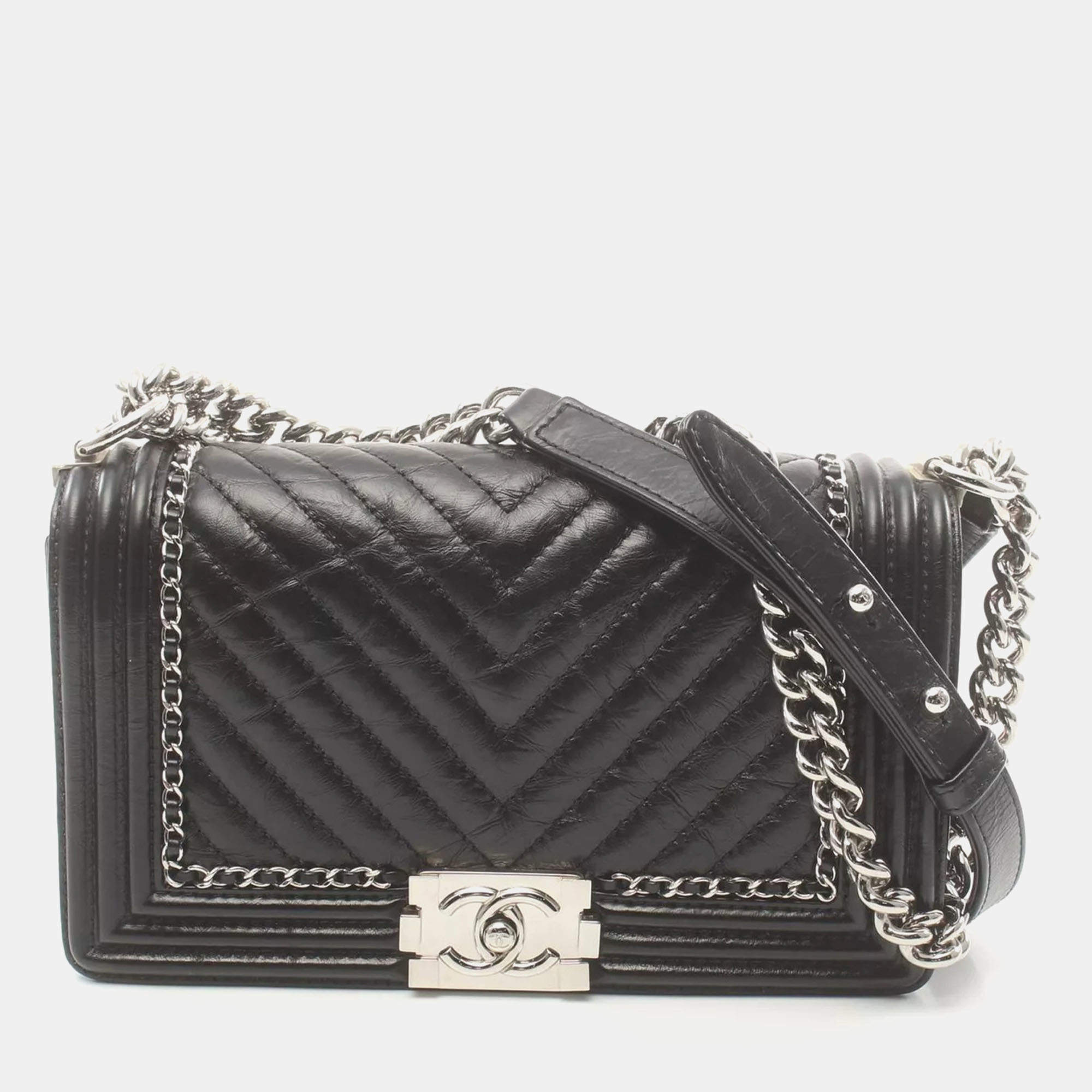 Chanel Black Chevron Leather and Tweed Medium Boy Flap Bag