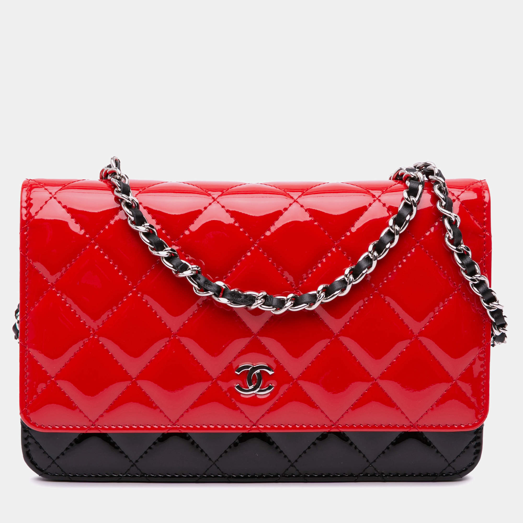 Chanel Red CC Bicolor Quilted Patent Wallet on Chain Bag