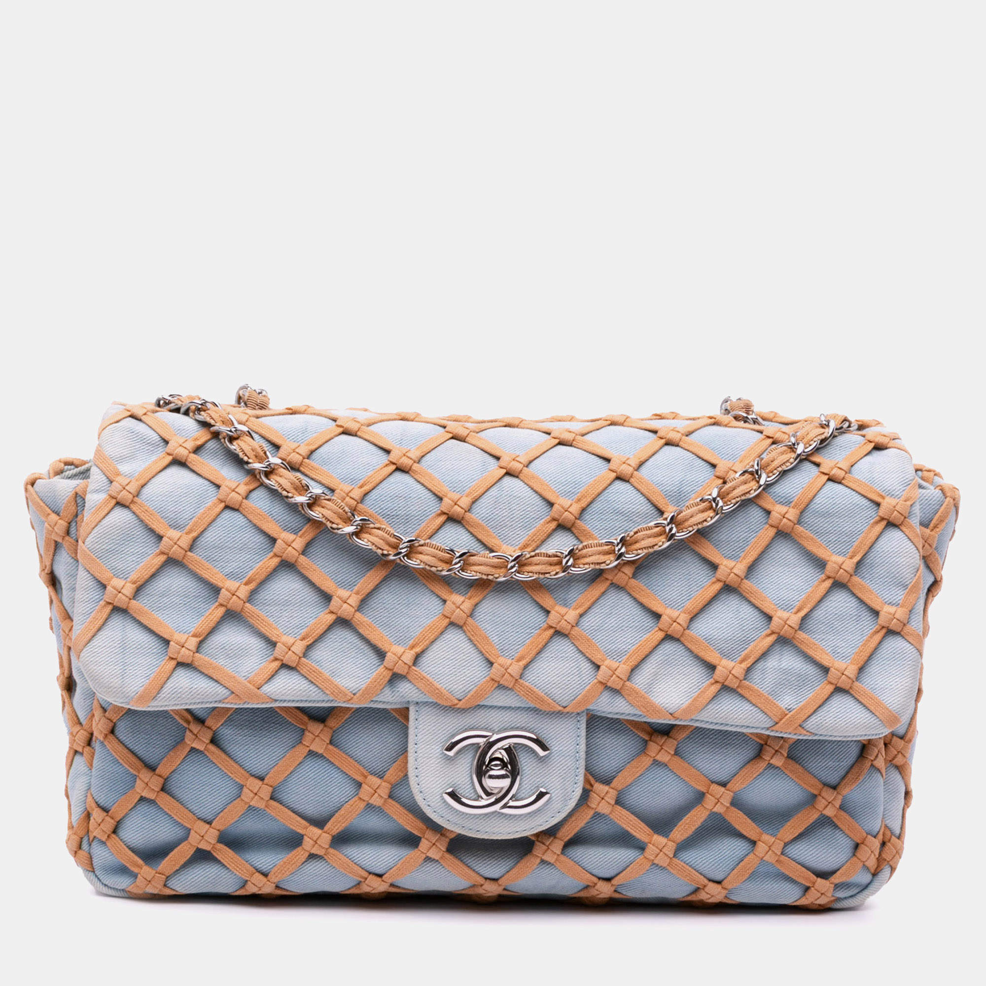 Chanel Light Blue Denim Canebiers Net Jumbo Flap Bag