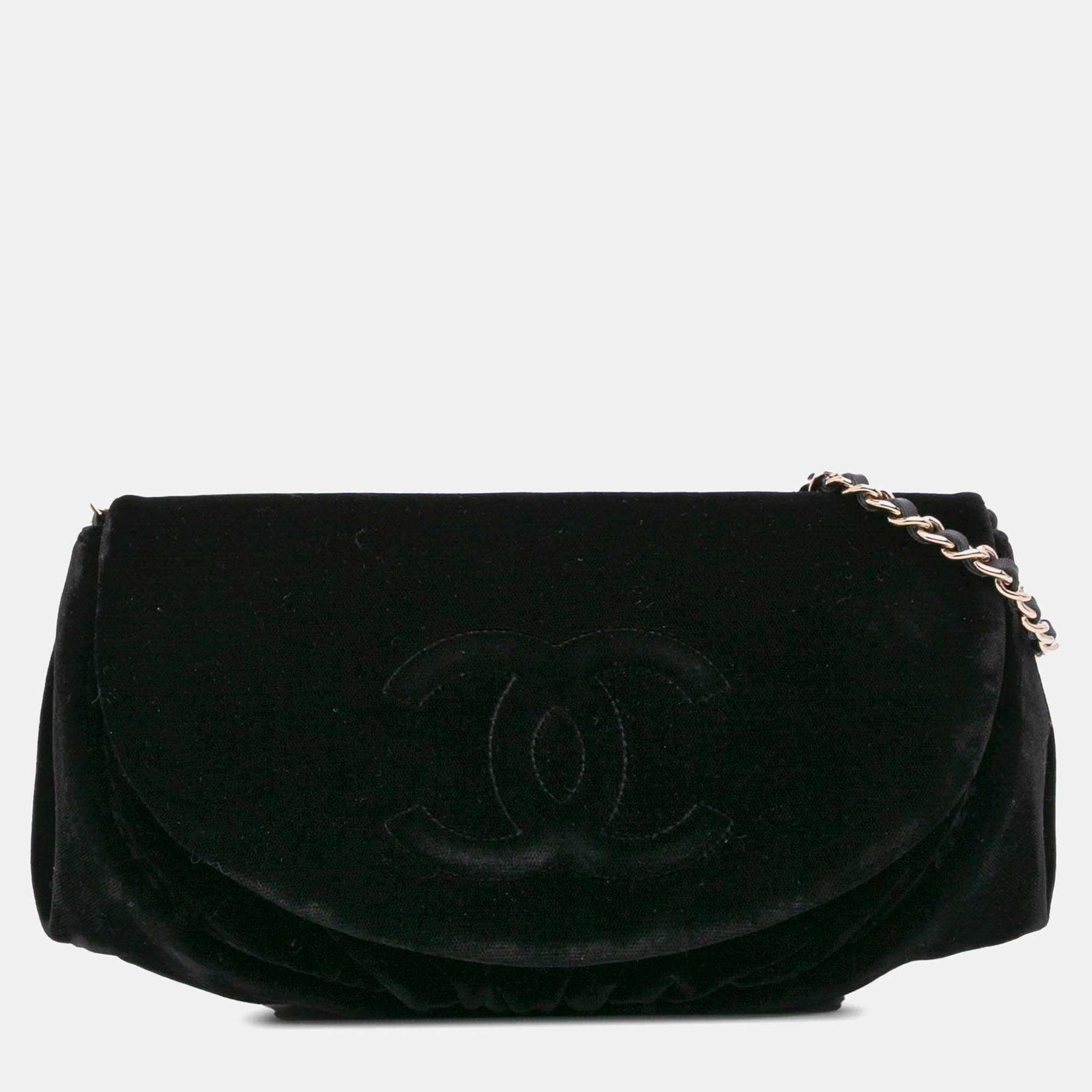 Chanel Black Velvet CC Half Moon Wallet on Chain