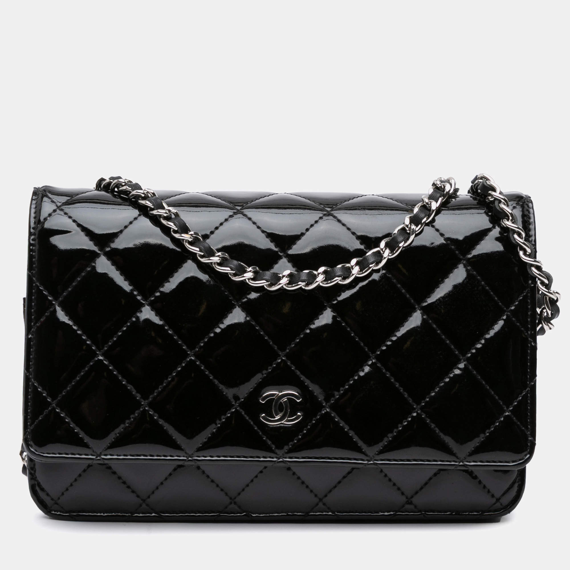 Chanel Black CC Quilted Patent Wallet On Chain